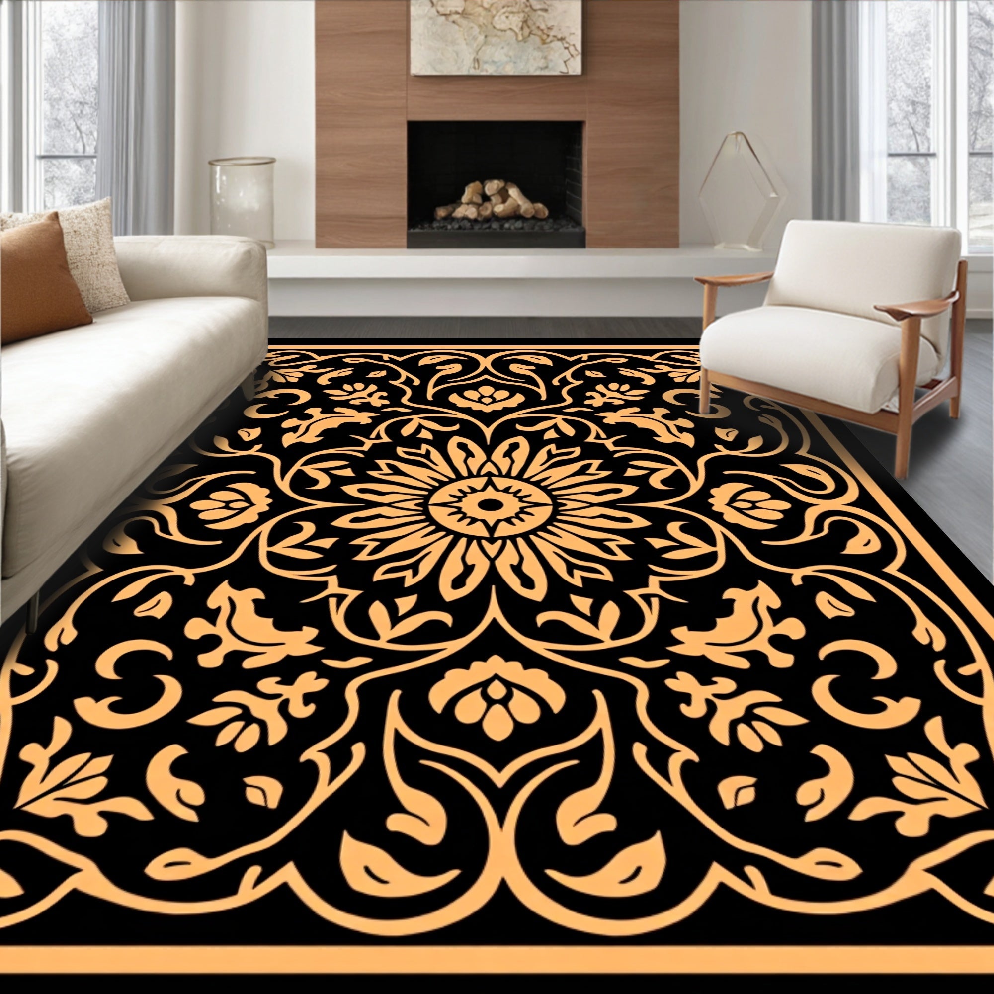 Ornate Floral Paisley Black Gold Rug