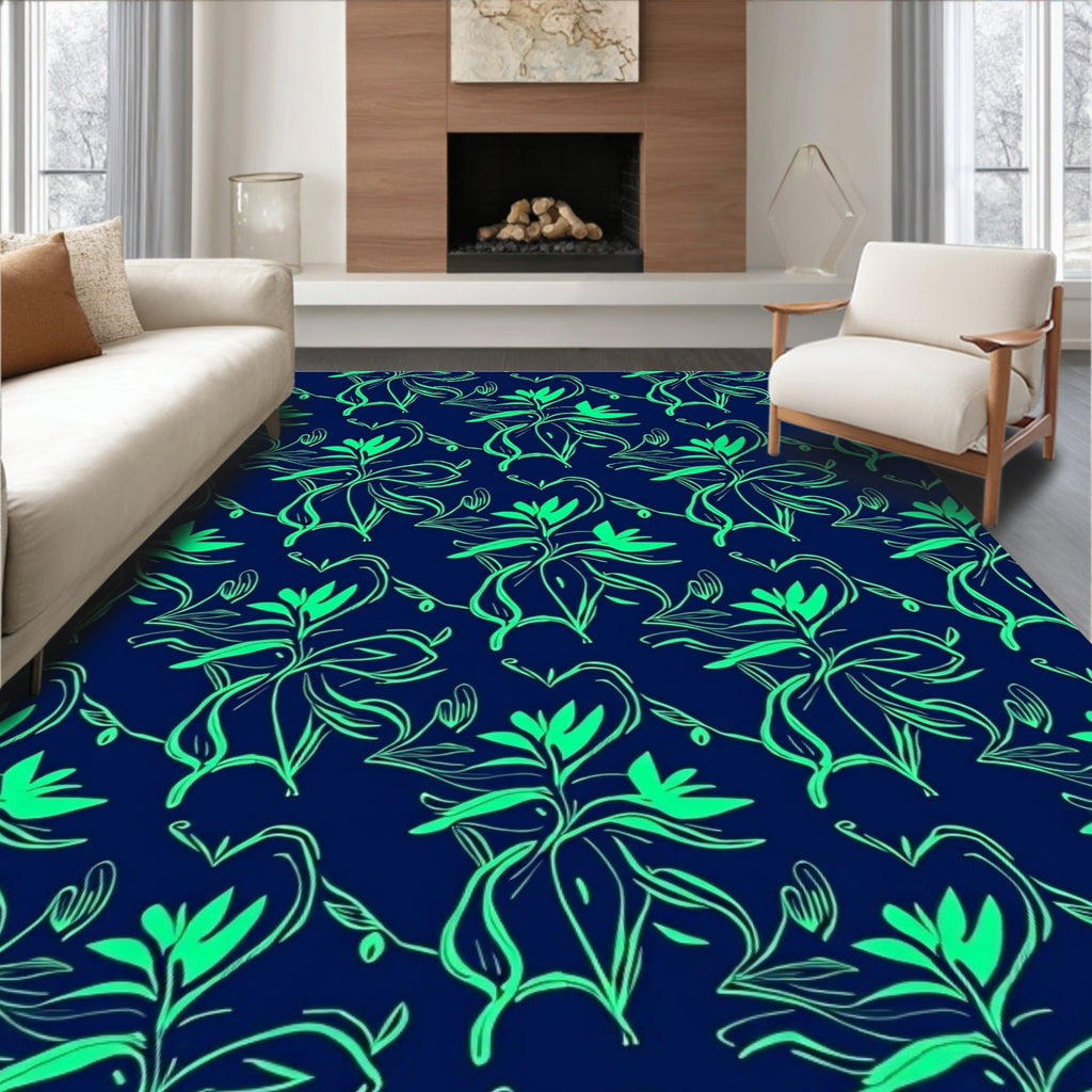 Navy Bright Green Organic Floral Pattern Rug
