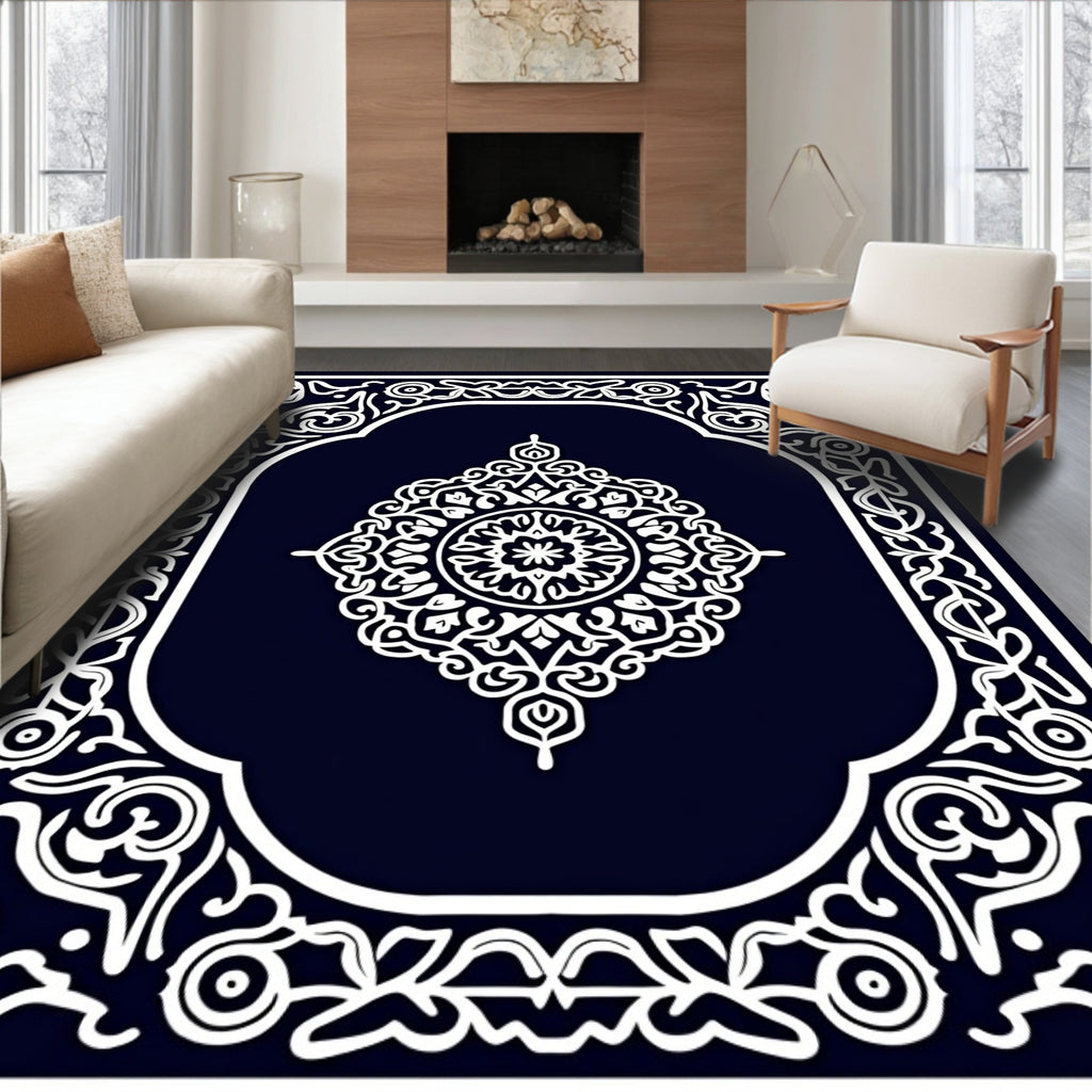 Intricate White Floral Border Design Rug