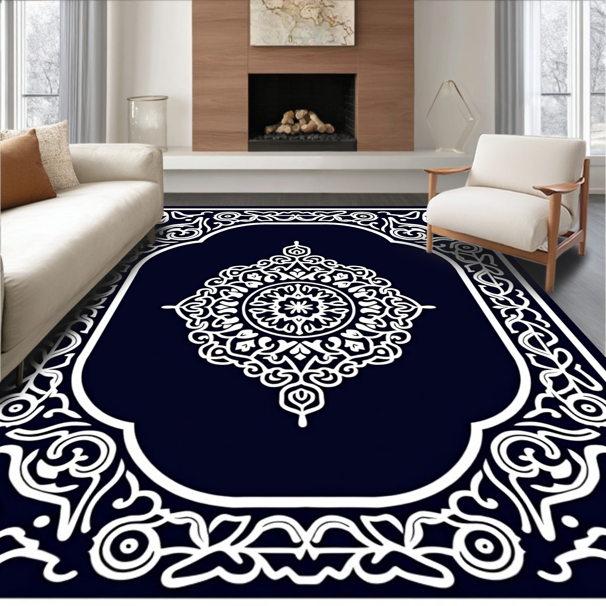 Intricate White Floral Border Design Rug