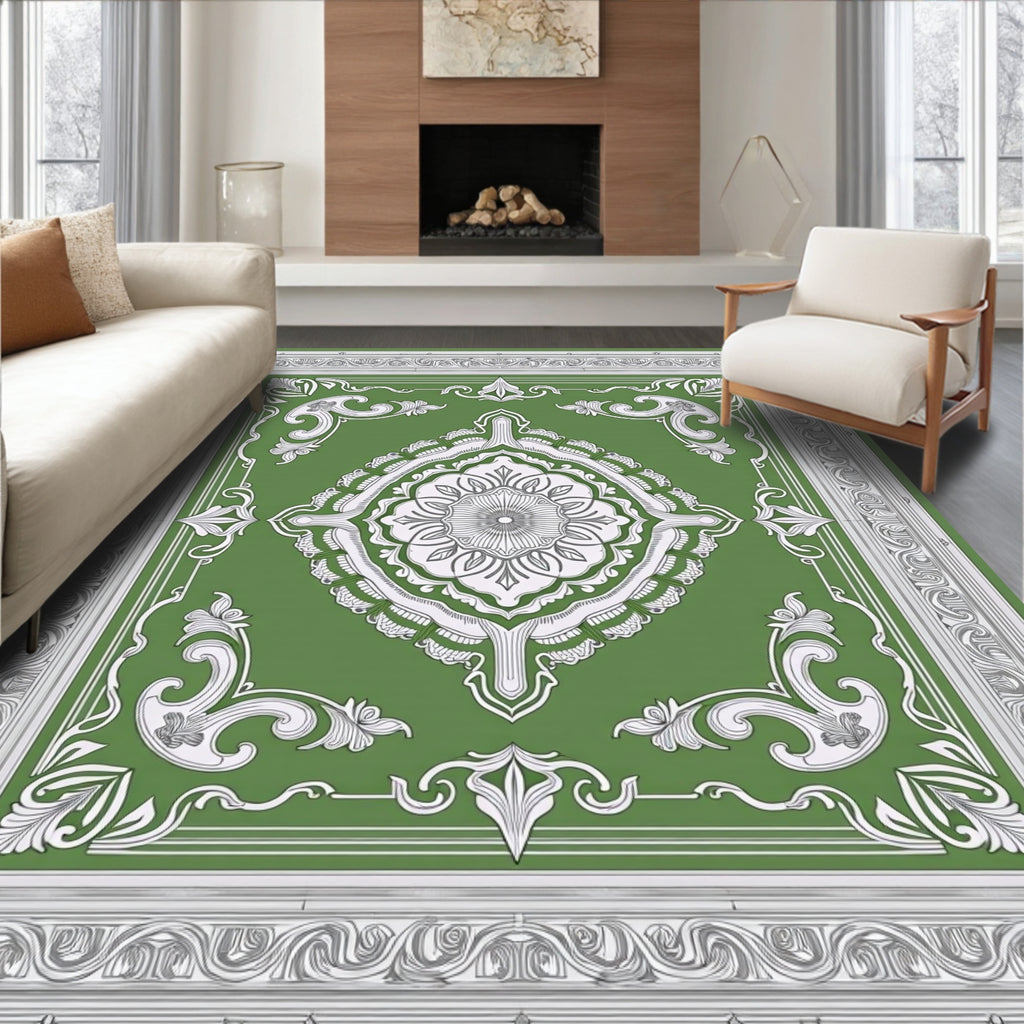 Vintage Green Medallion Scrollwork Pattern Rug