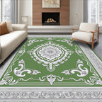 Vintage Green Medallion Scrollwork Pattern Rug