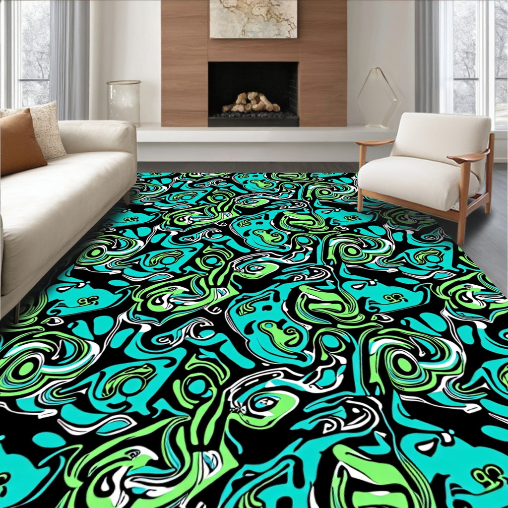 Fluid Black Green Teal Abstract Pattern Rug