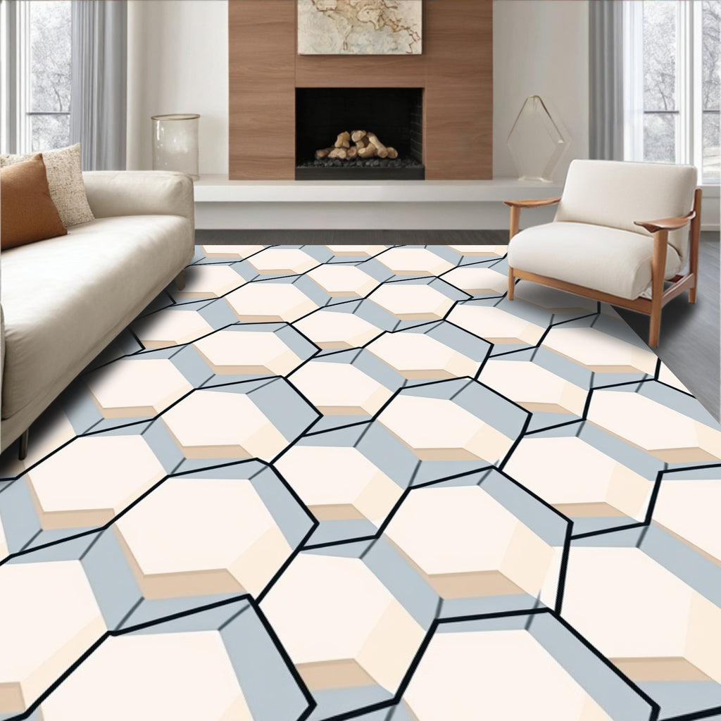 Pale Bone Hexagon Geometric Pattern Rug