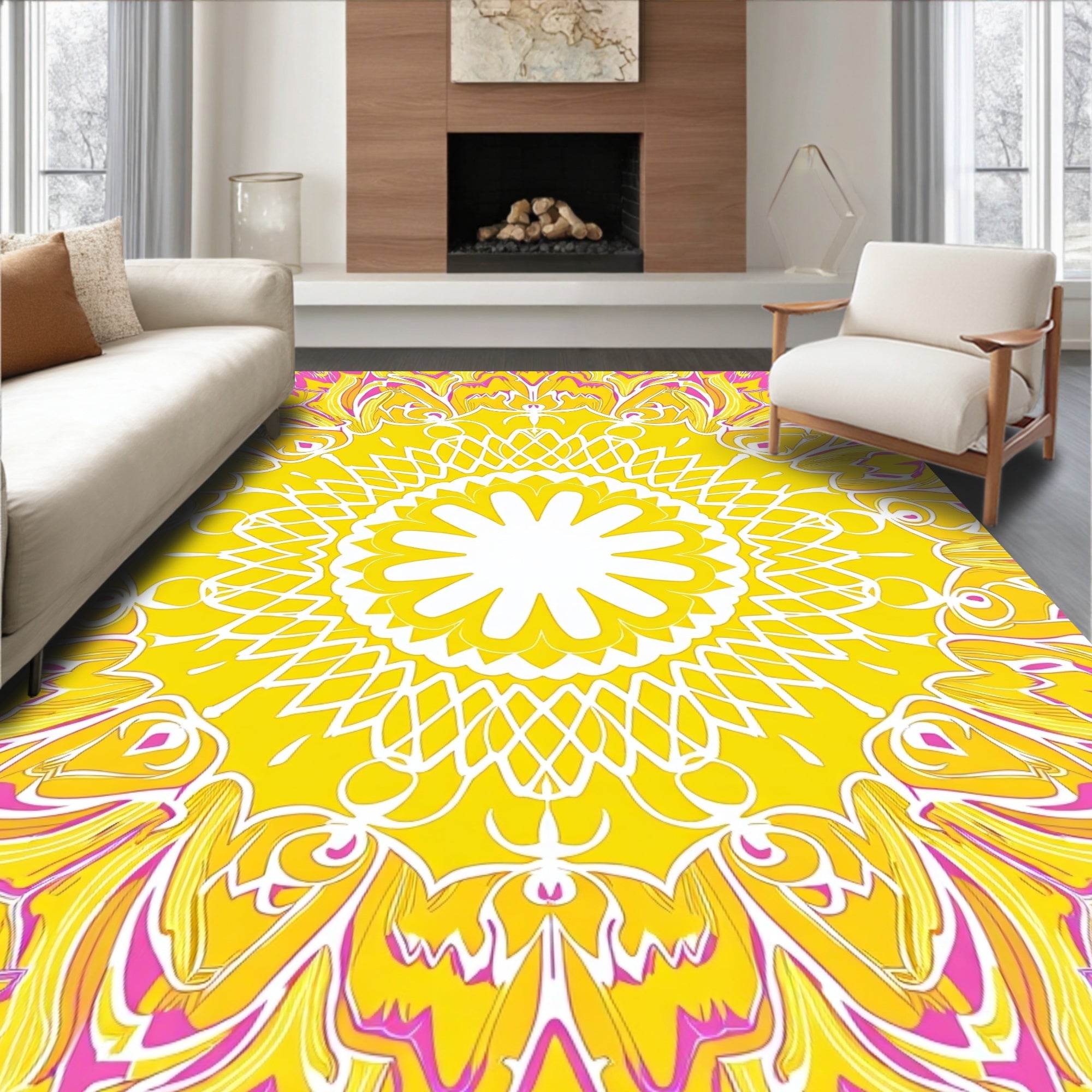Vibrant Yellow Pink Mandala Pattern Rug