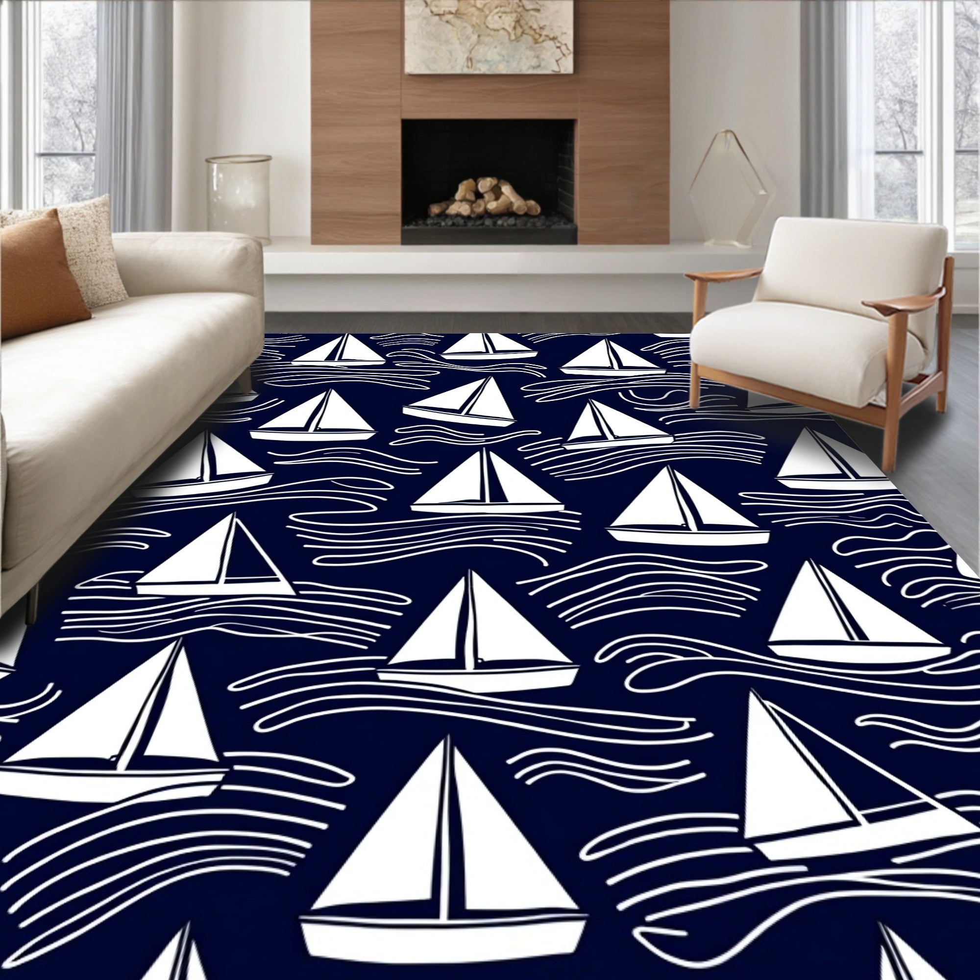 White Sailboats on Navy Waves Pattern Rug