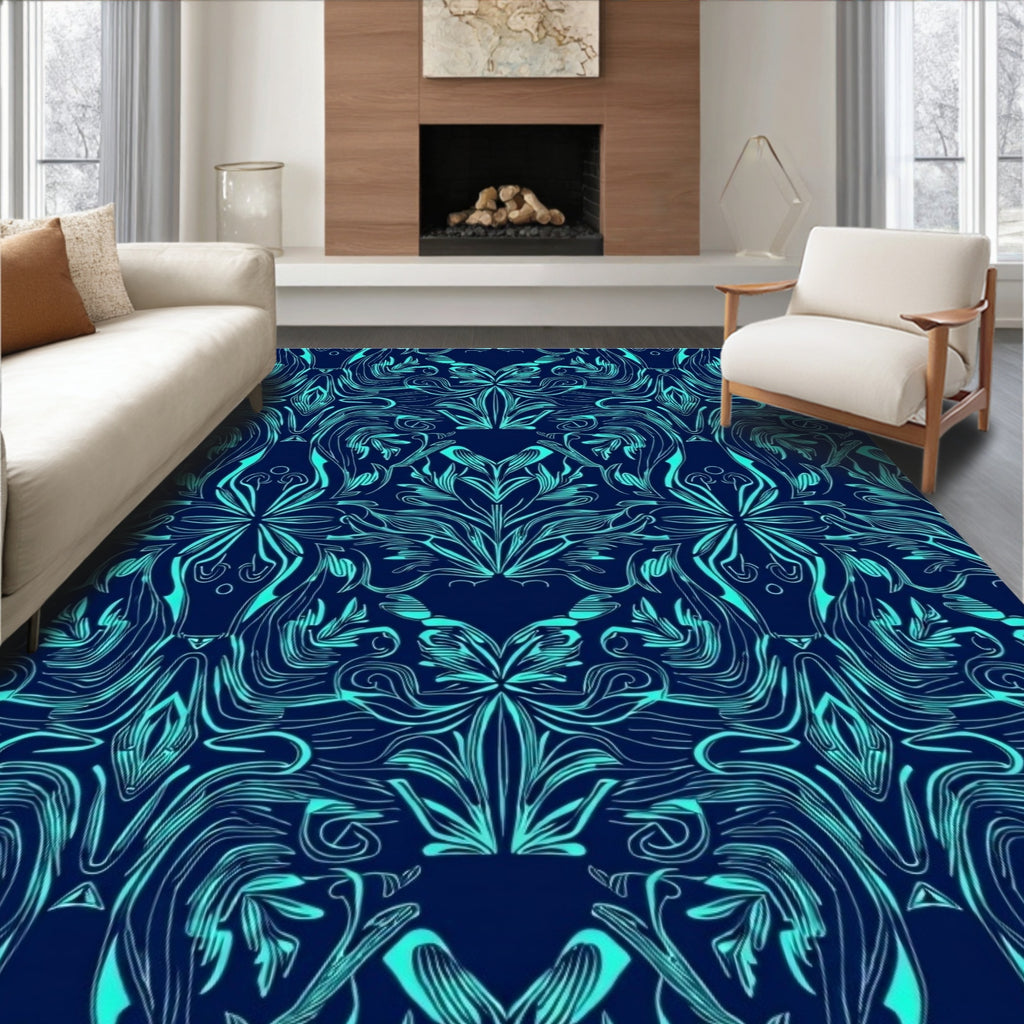 Navy Blue Teal Elegant Floral Design Rug