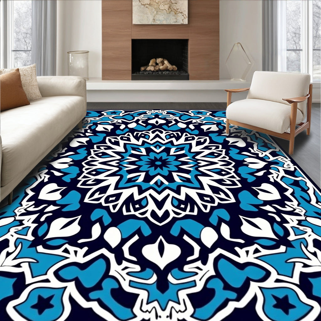 Intricate Blue White Mandala Pattern Rug