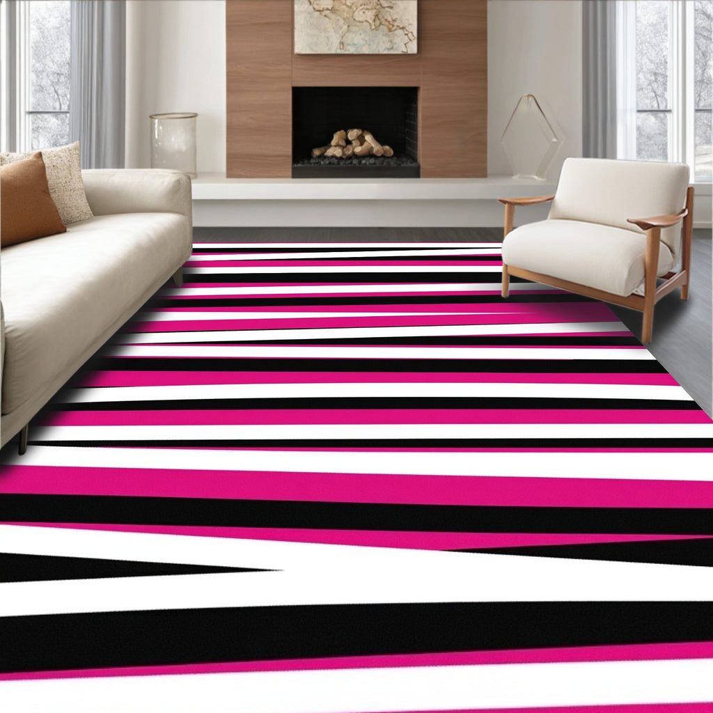 Bold Pink Black White Stripe Design Rug