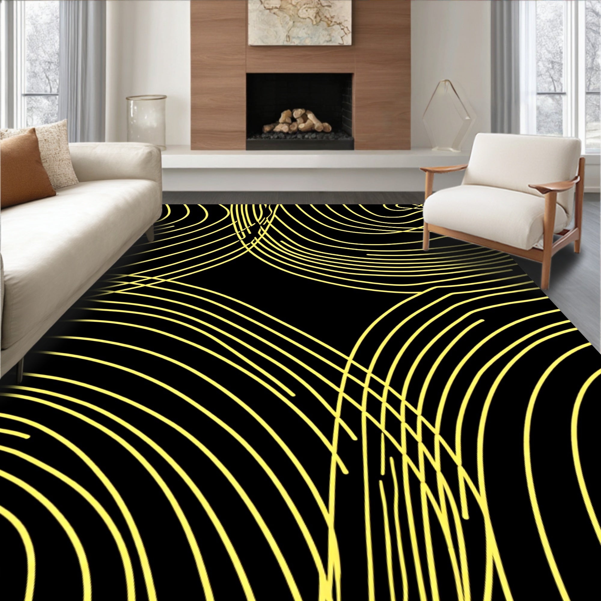 Abstract Yellow Swirl Pattern Rug