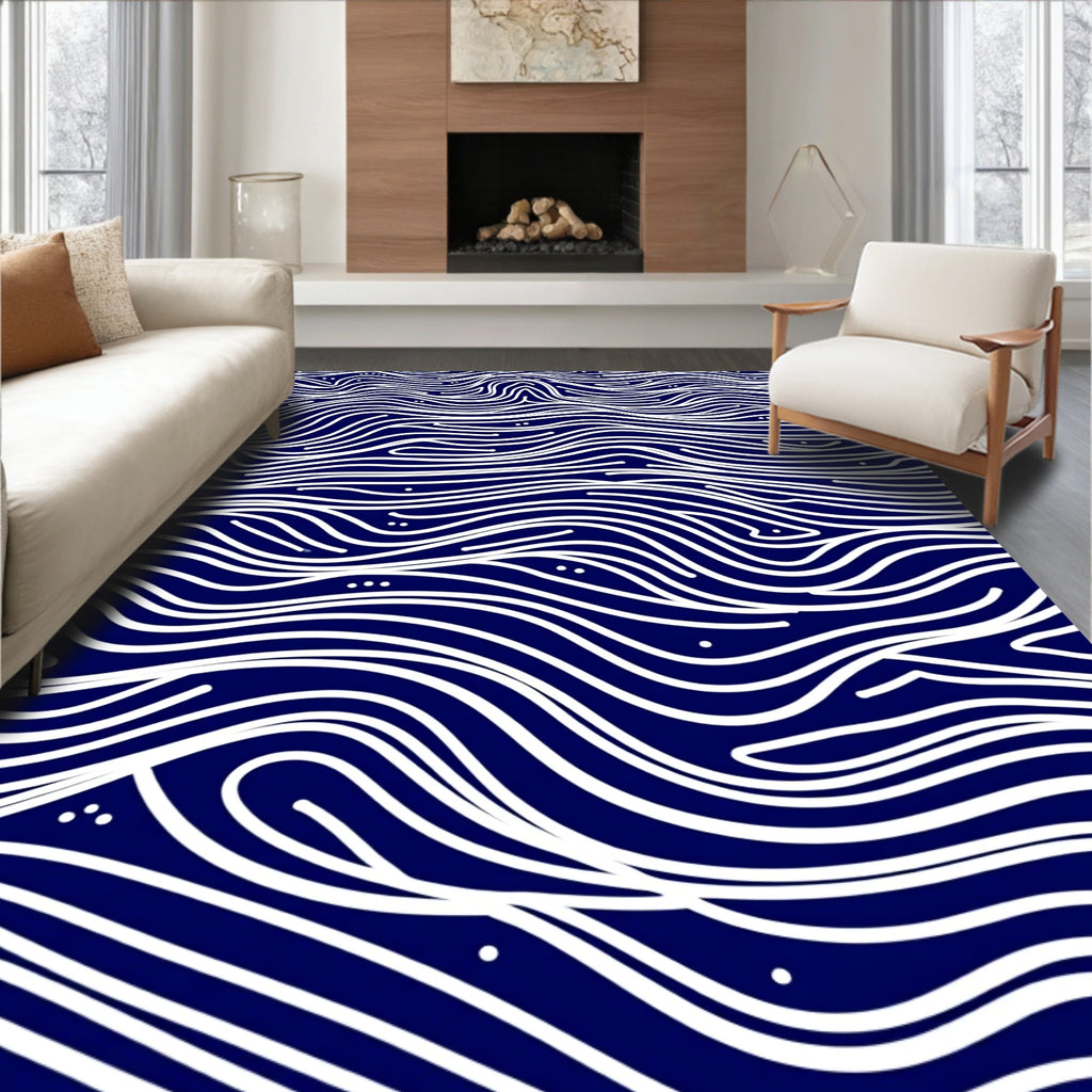 Deep Blue White Wavy Lines Design Rug
