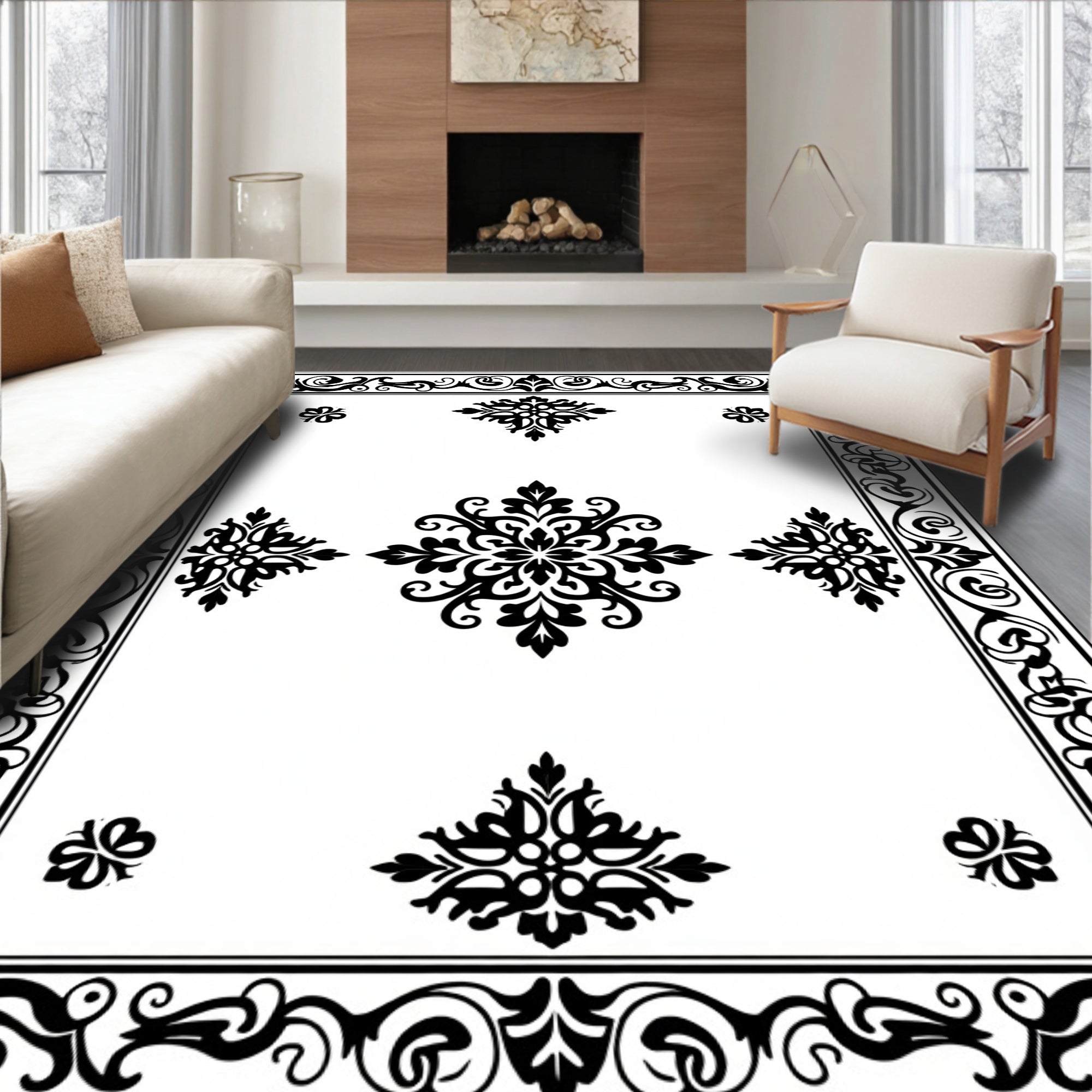Intricate Black Floral Scroll Pattern Rug