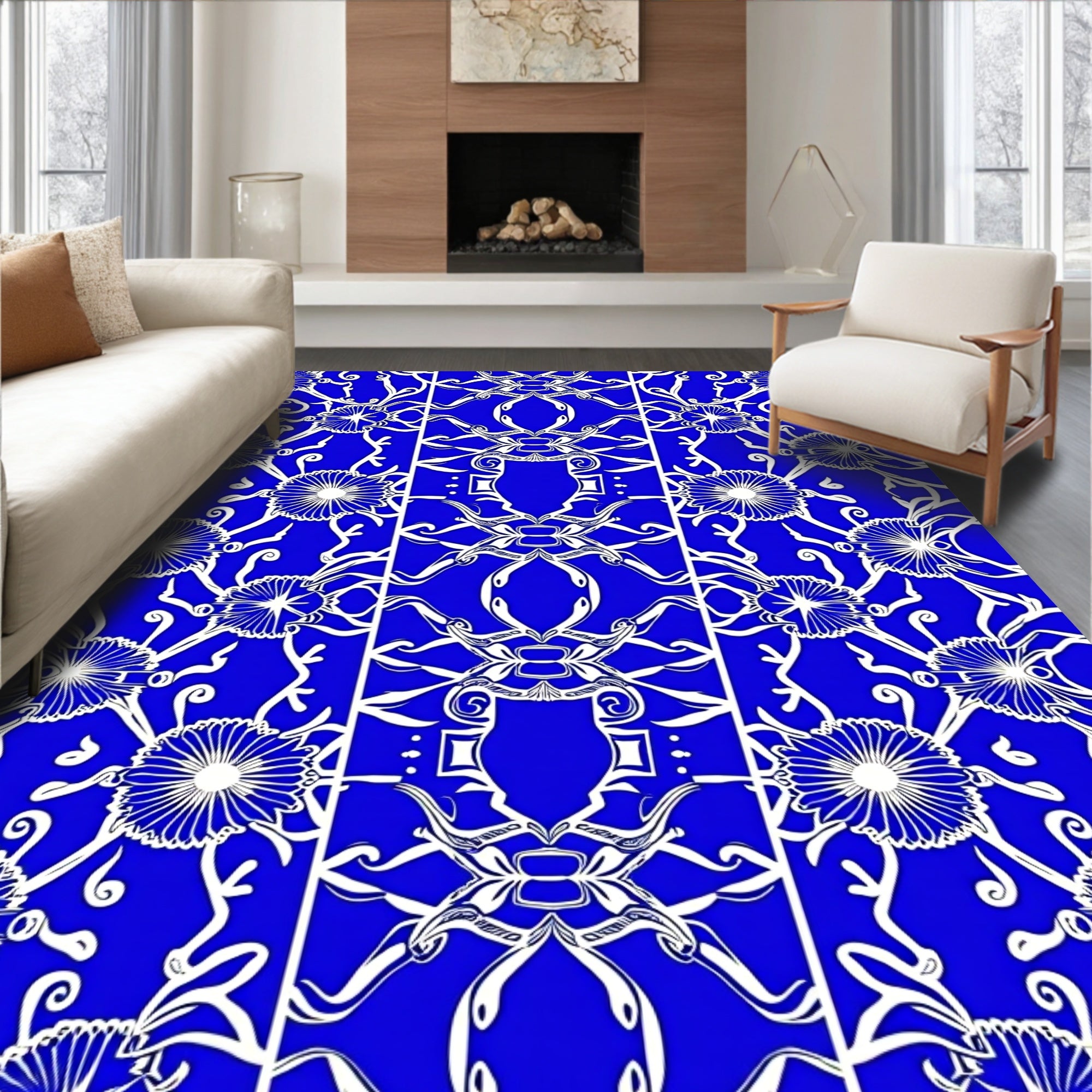 Vibrant Blue Floral Scroll Medallion Rug