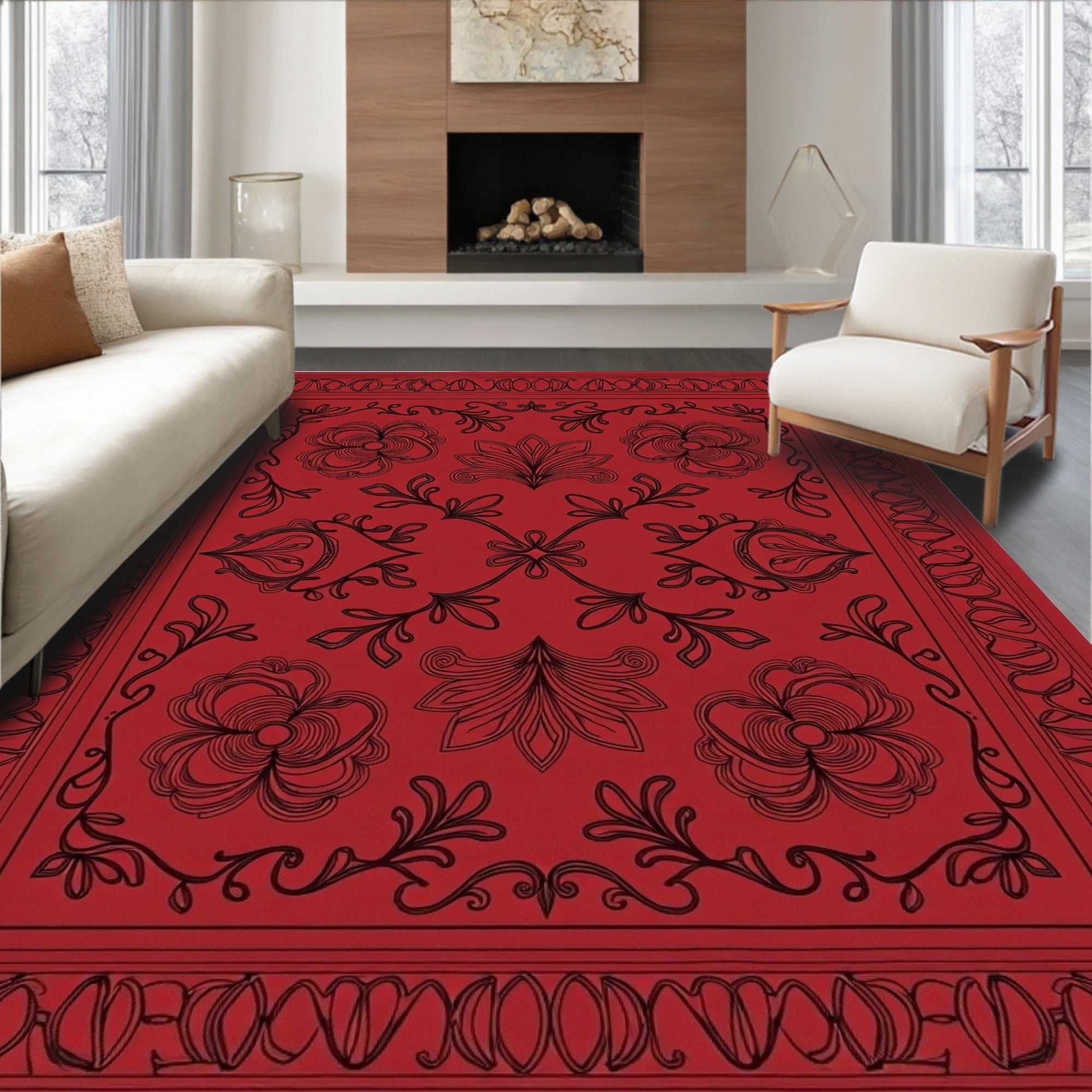 Classic Floral Swirl Red Black Rug