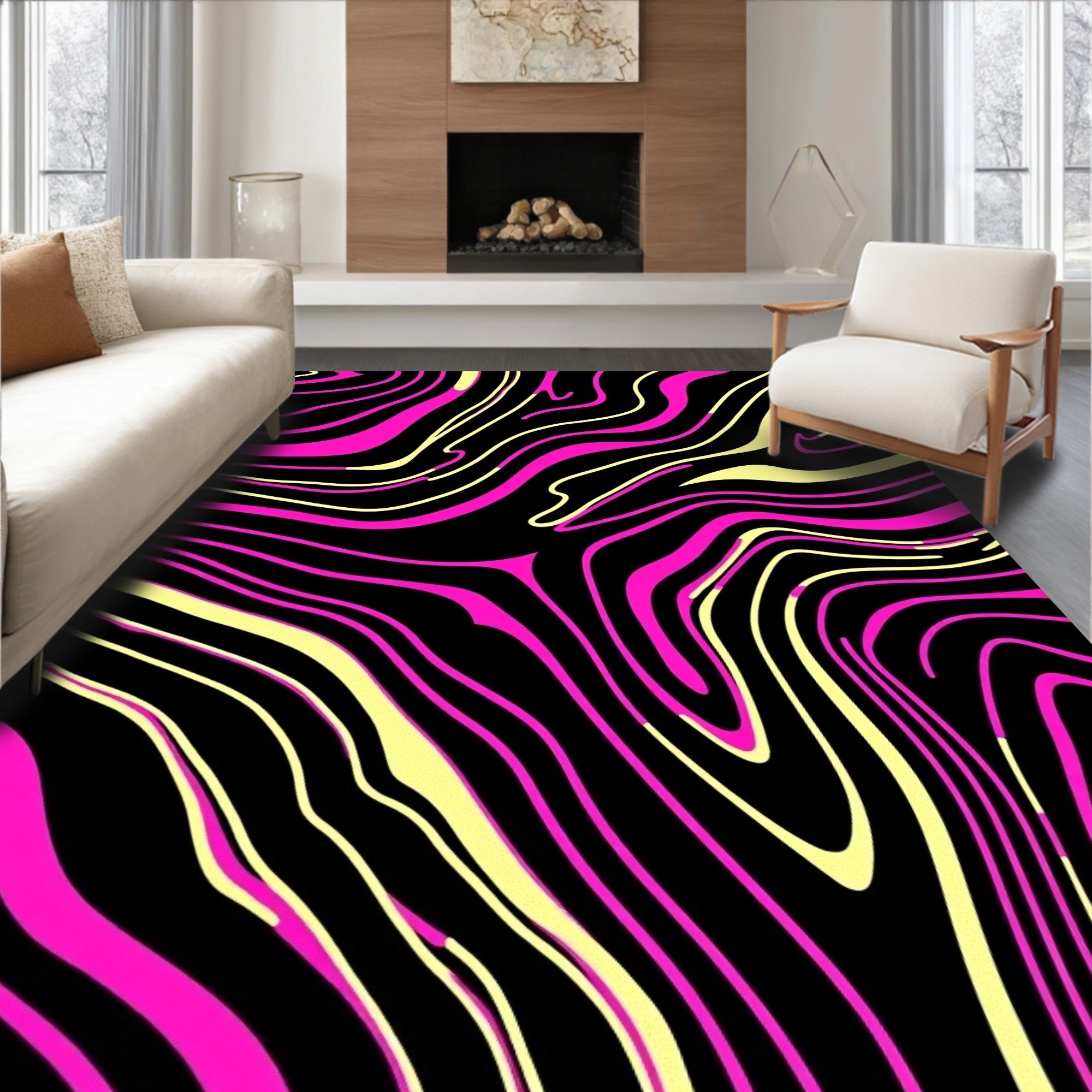 Vibrant Pink Yellow Swirl Design Rug