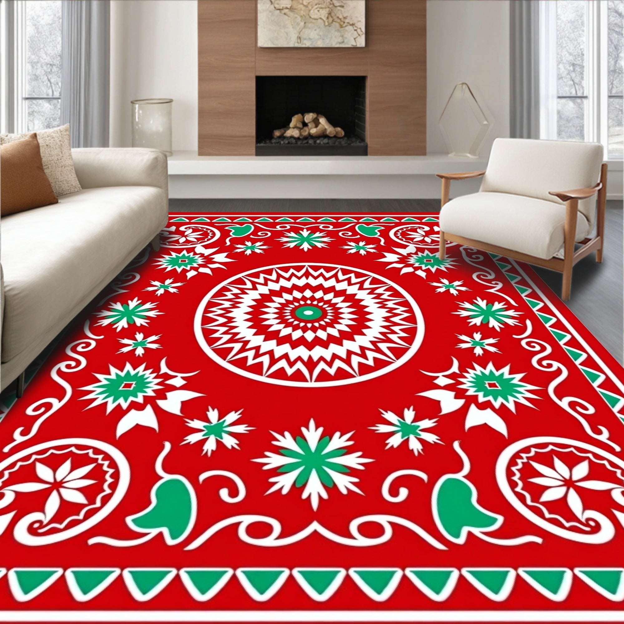 Vibrant Red Geometric Starburst Medallion Rug