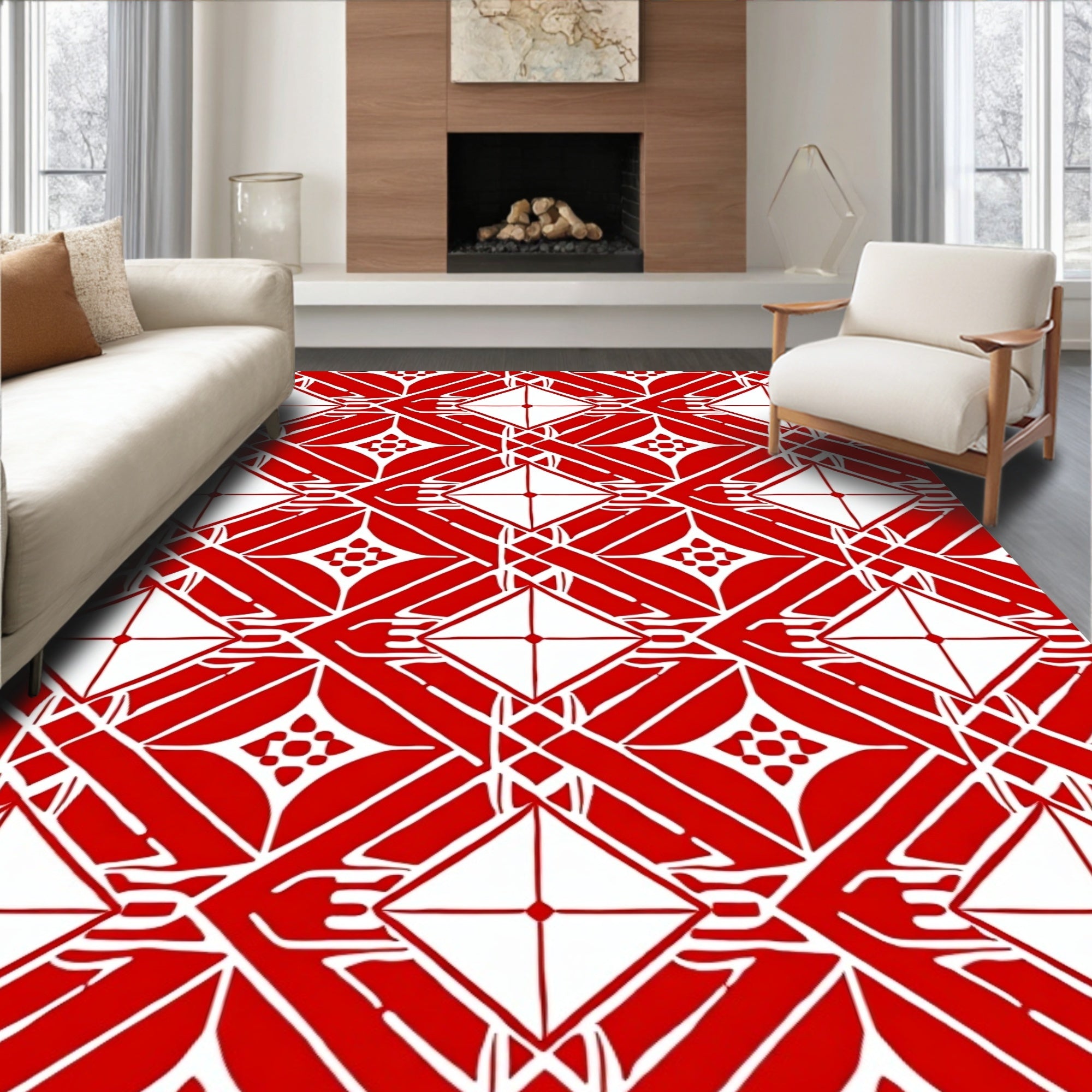 Red and White Geometric Diamond Pattern Rug