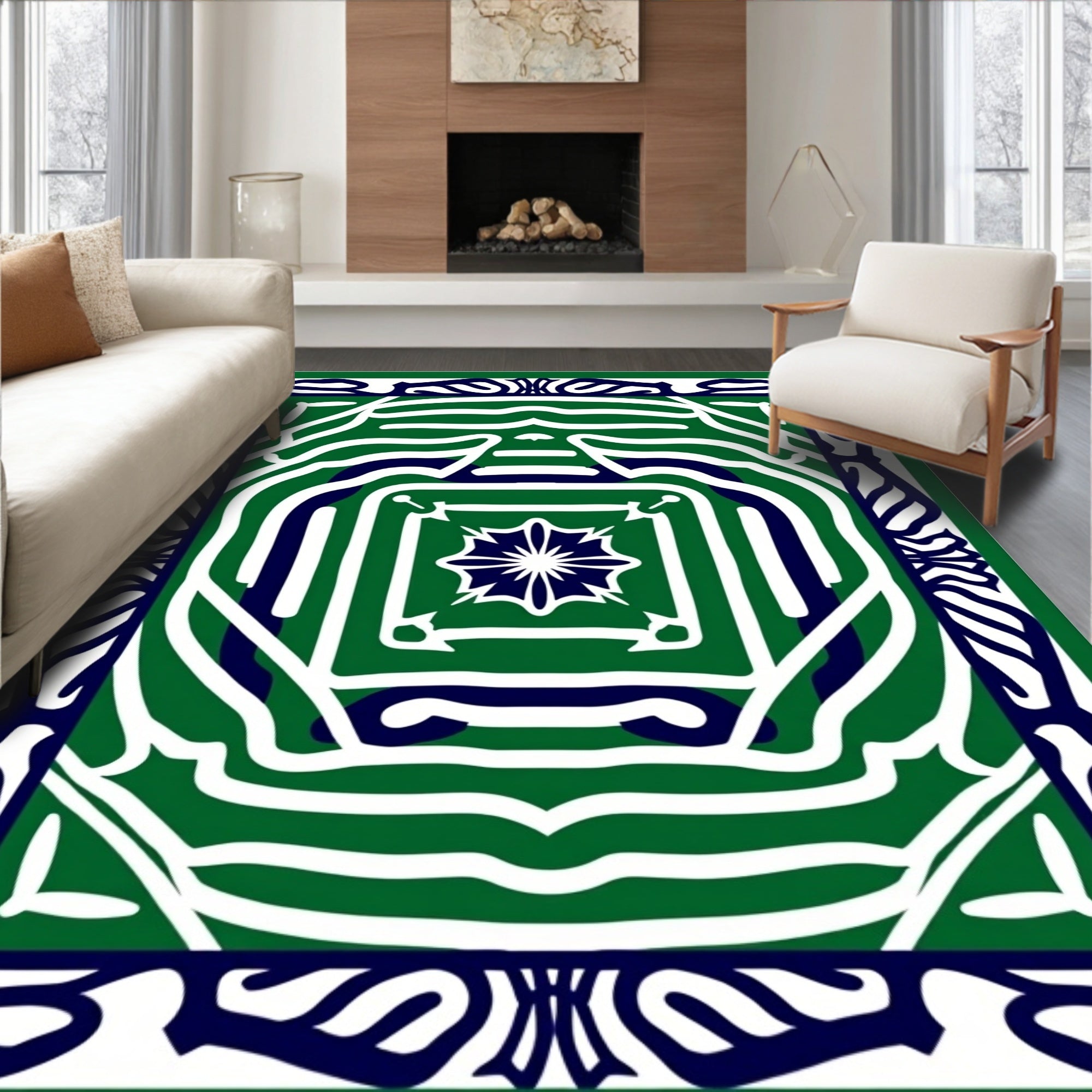Bold Green White Blue Abstract Pattern Rug