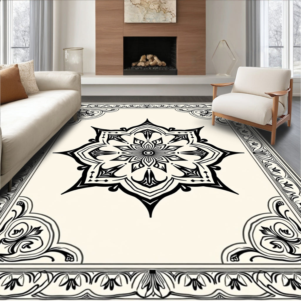 Elegant Black White Mandala Pattern Rug