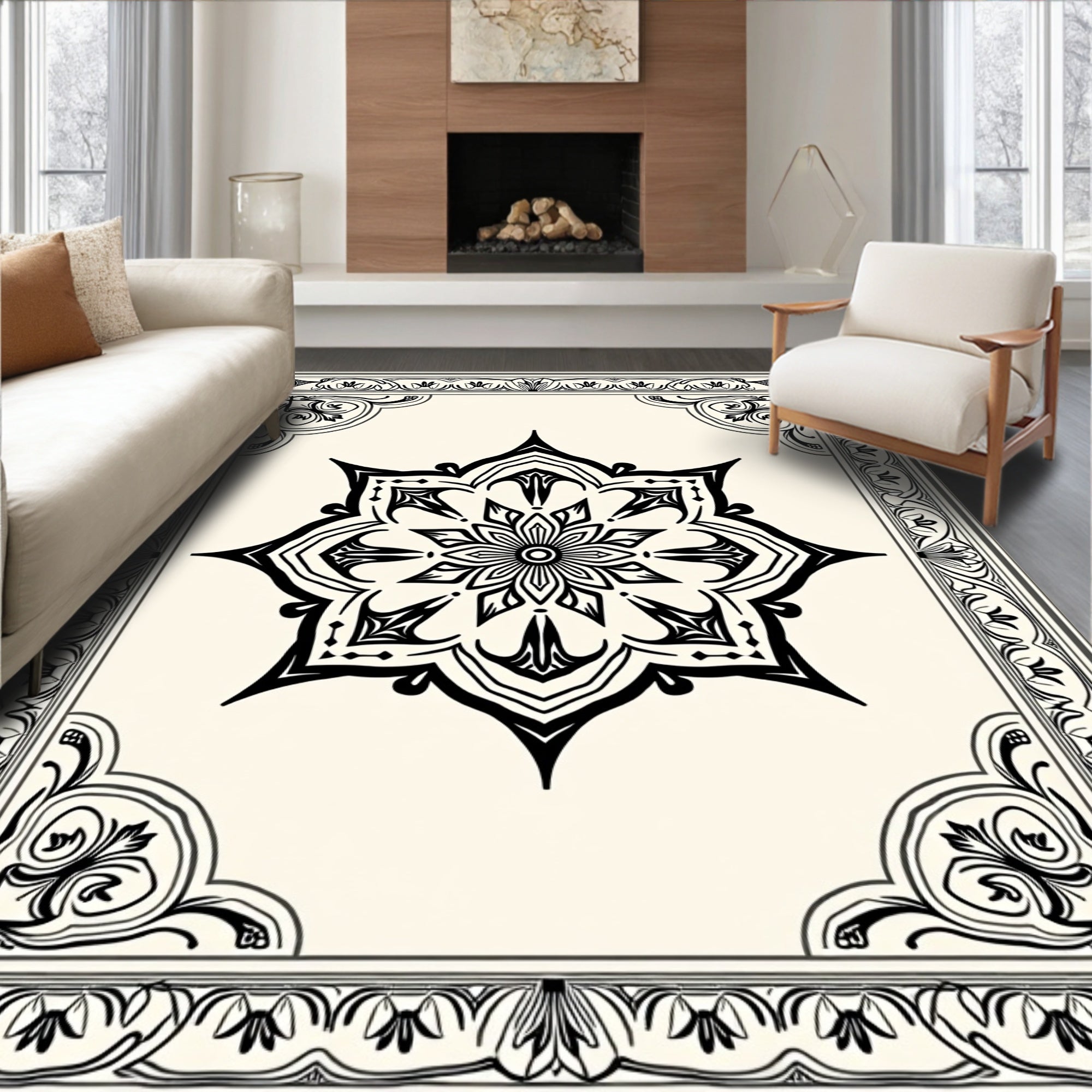 Elegant Black White Mandala Pattern Rug