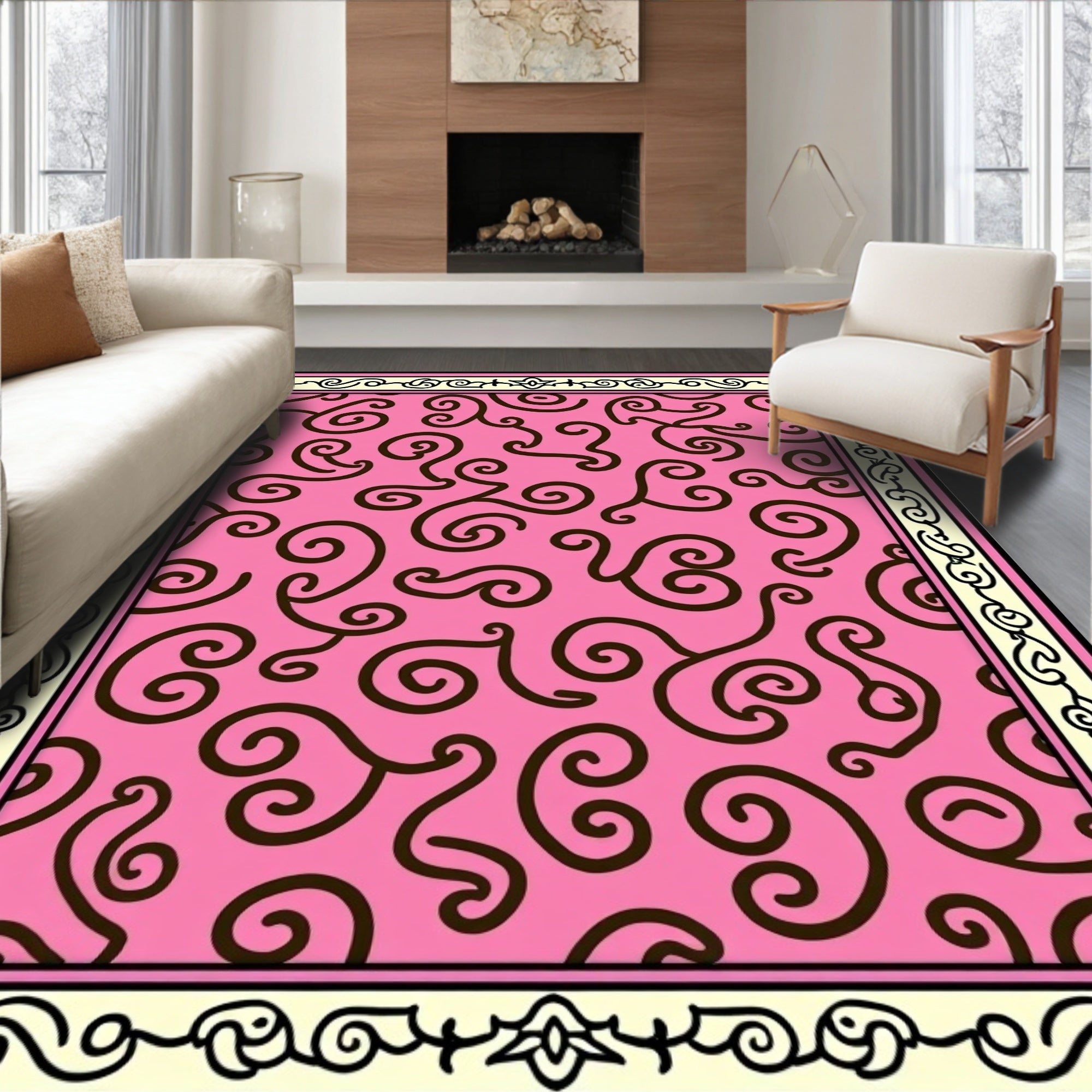 Pink Swirl Pattern Bordered Rug