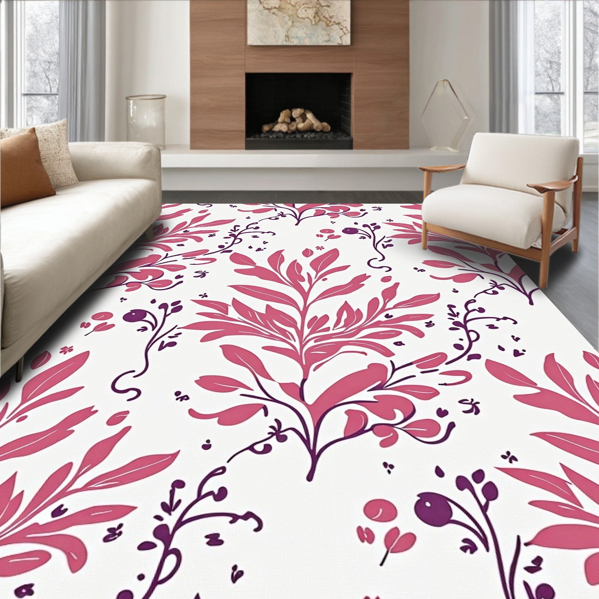 Pink Leaf Branch Pattern Design Rug
