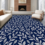 White Leaf Patterned Dark Blue Textile Rug