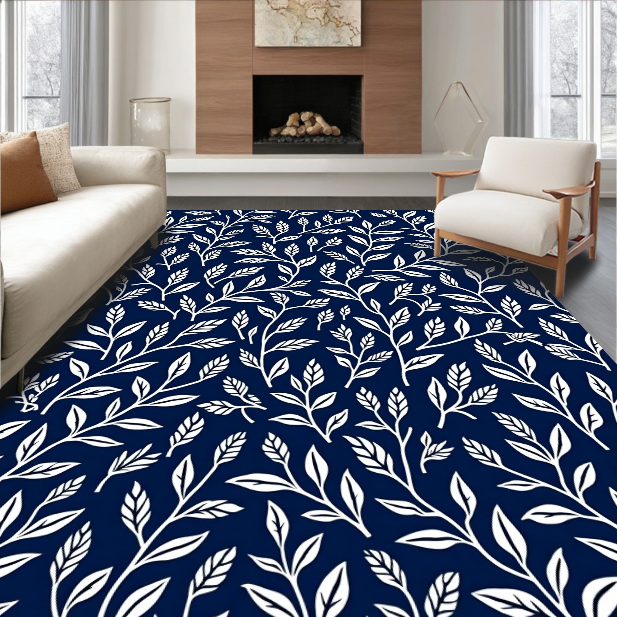 White Leaf Patterned Dark Blue Textile Rug