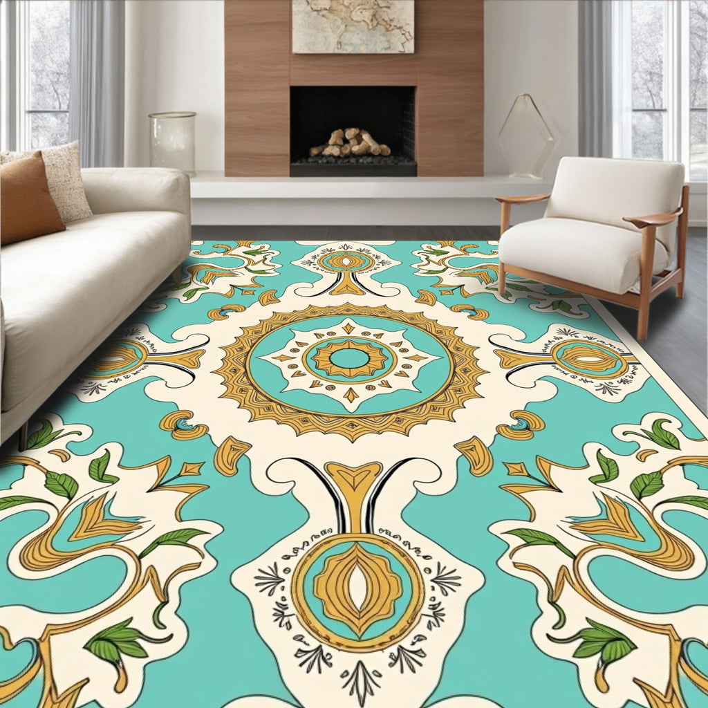 Ornate Teal Gold Floral Medallion Rug
