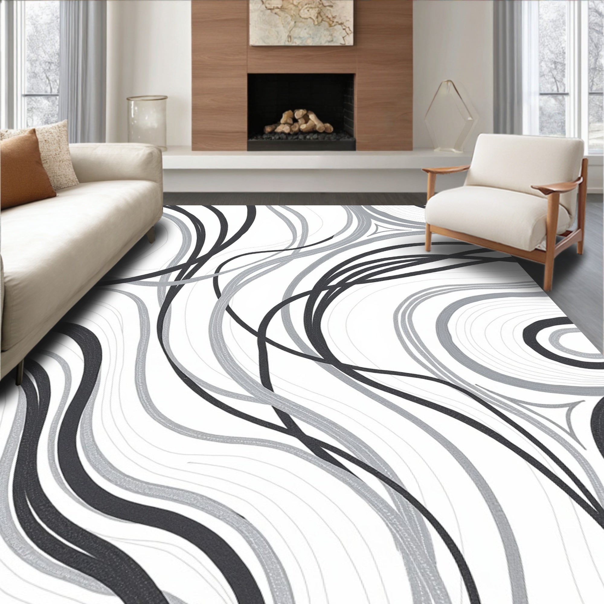Abstract Swirling Black Gray Pattern Rug