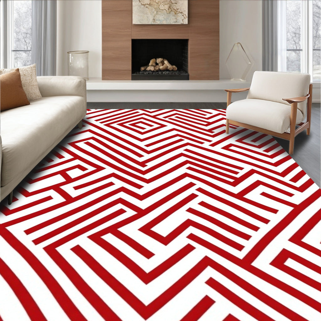 Red White Geometric Abstract Pattern Rug