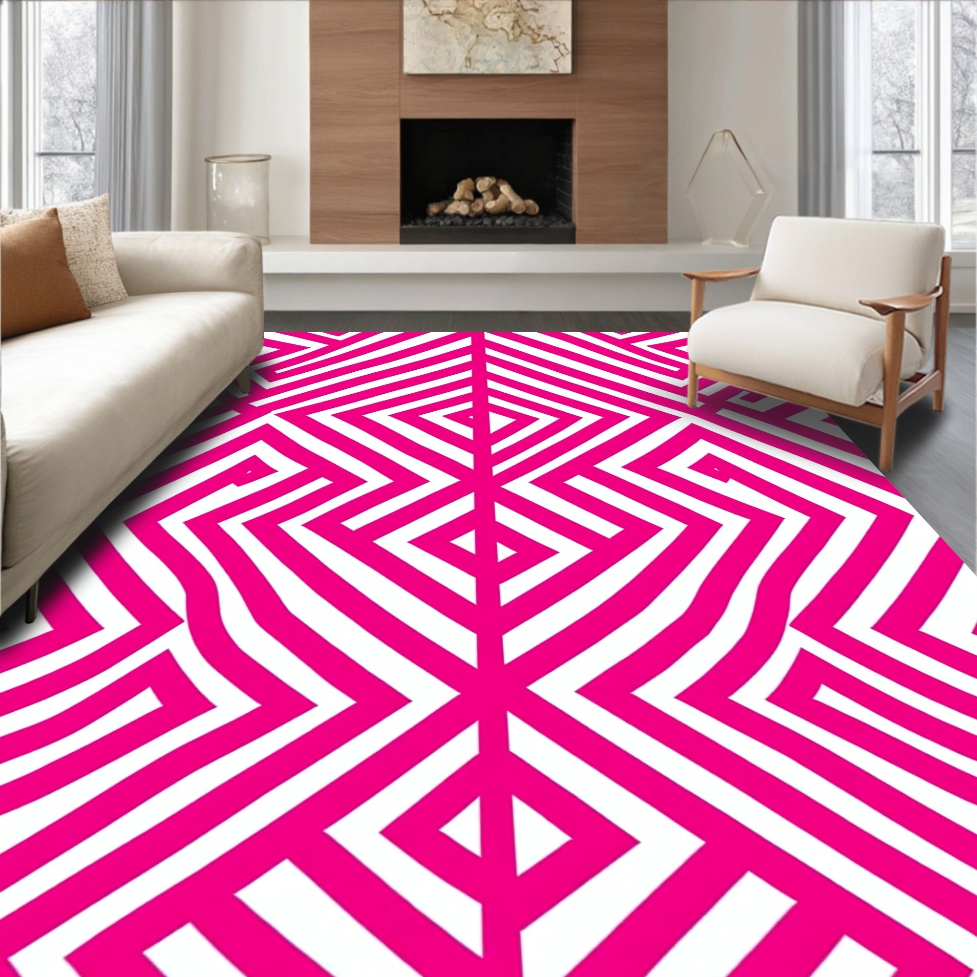 Bold Pink Geometric Maze Rug