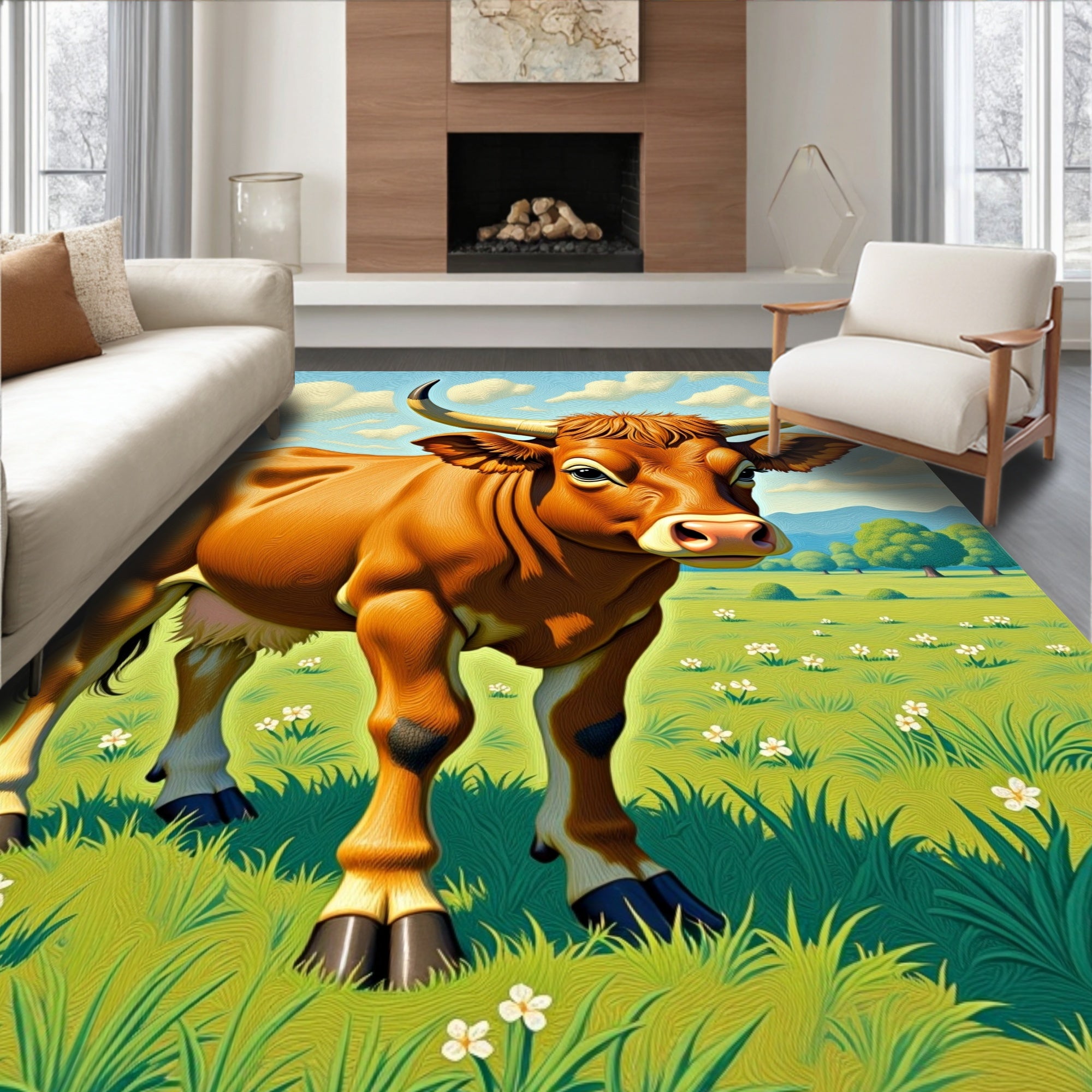 Brown Ox Standing In Green Meadow Rug