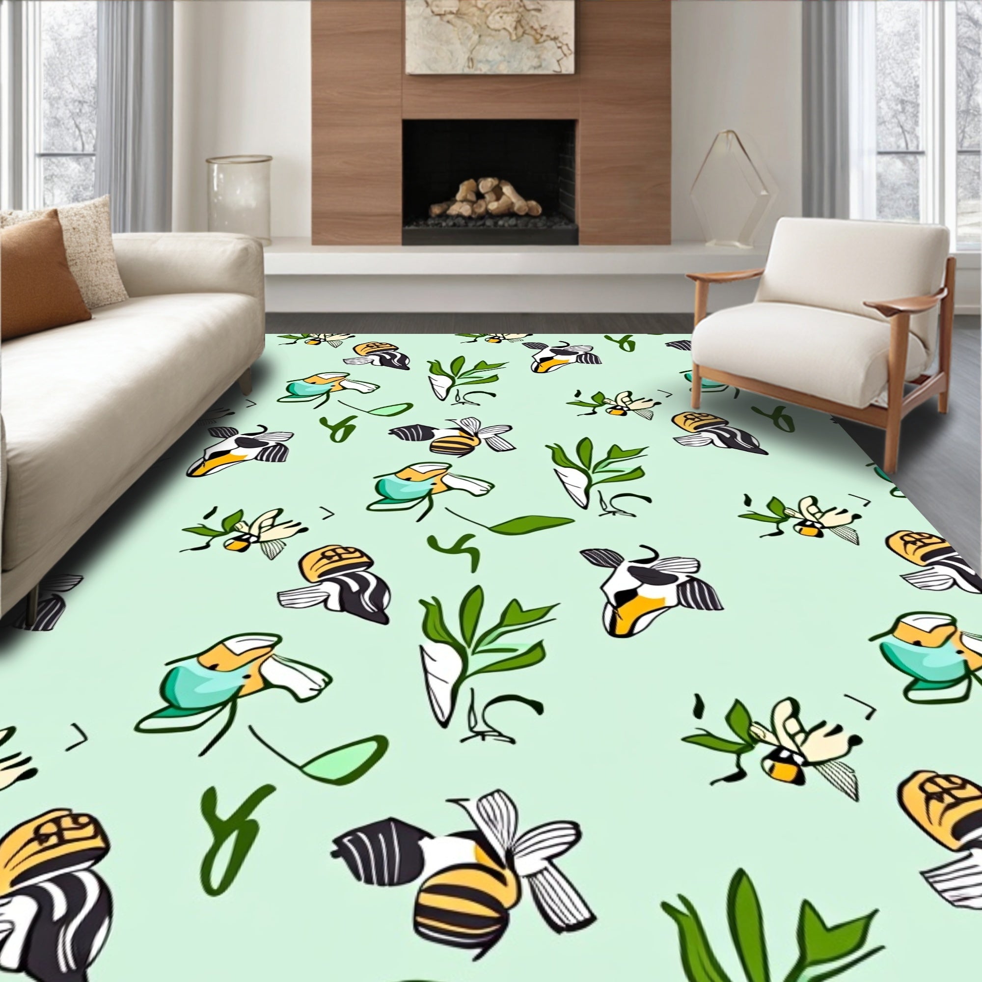 Whimsical Bees and Leaves Pattern Rug
