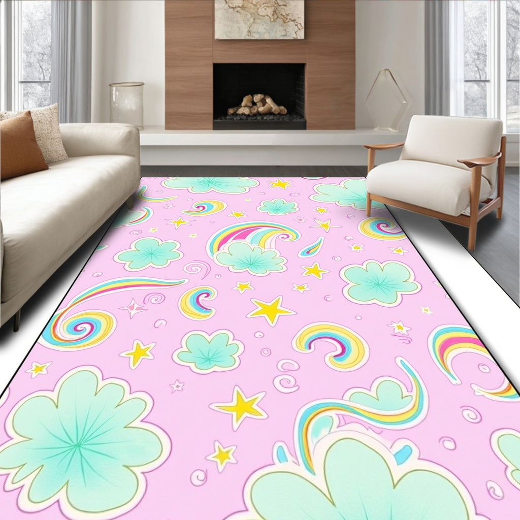 Whimsical Rainbow Clouds Stars Pattern Rug