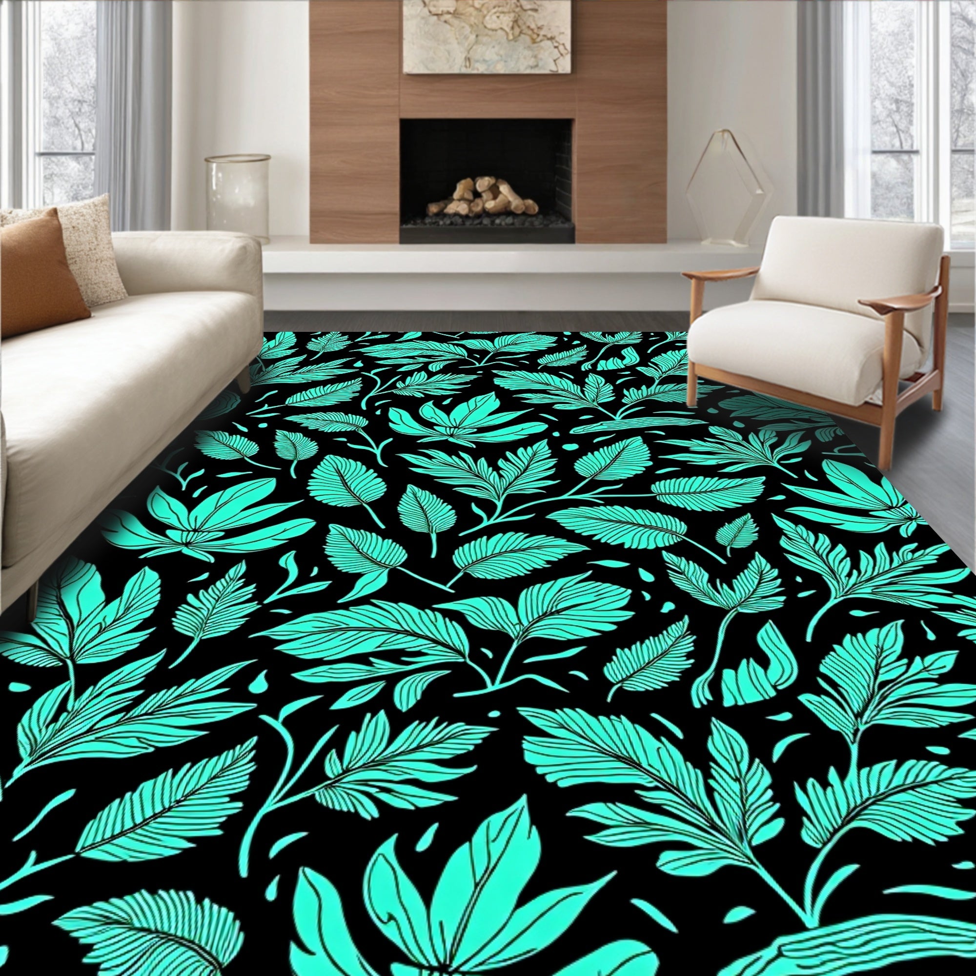 Aqua Leaf Patterned Abstract Design Rug