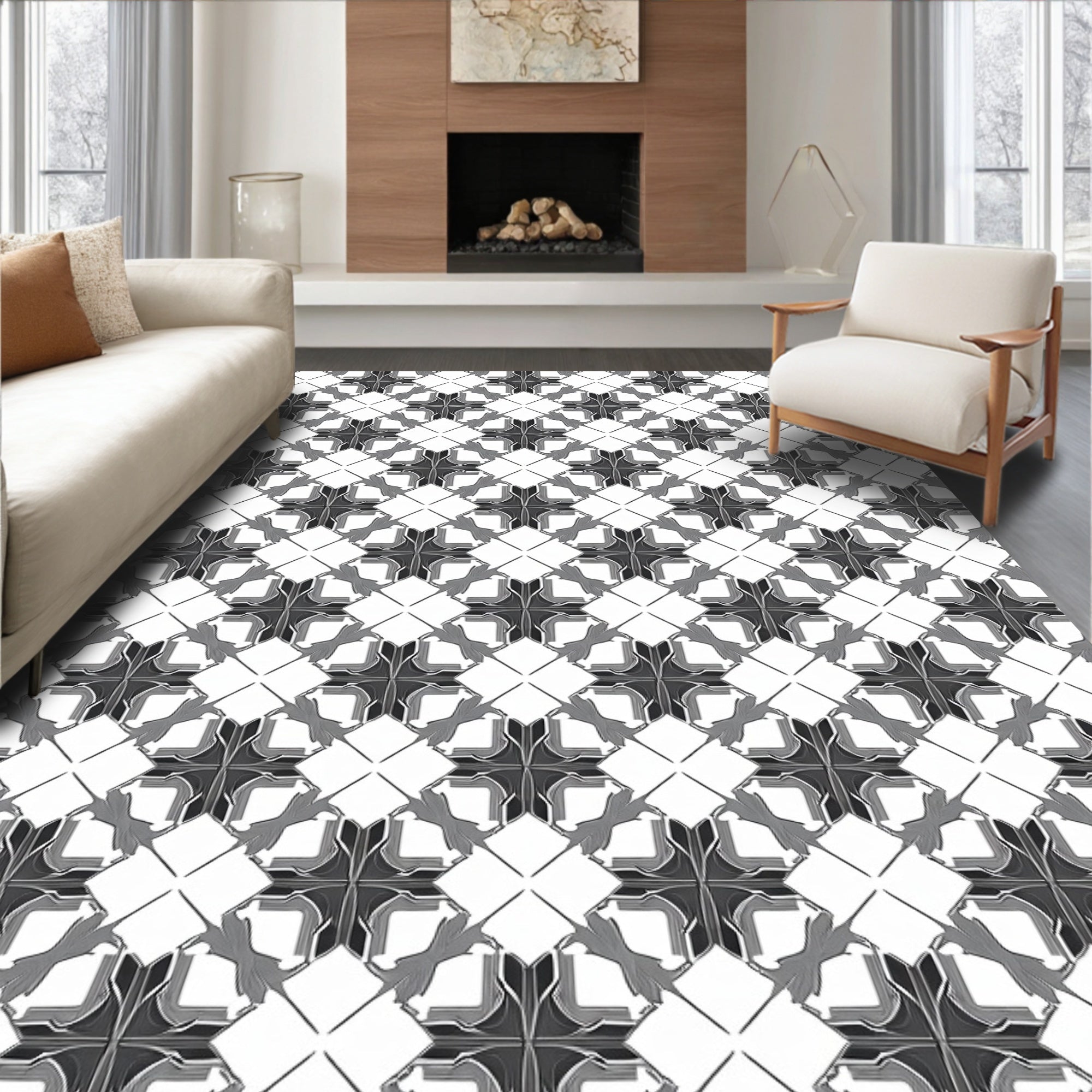 Monochromatic Abstract Geometric Tile Pattern Rug