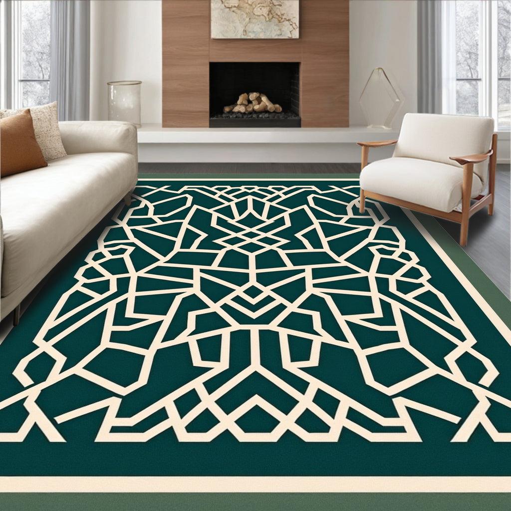Intricate Teal Cream Geometric Lattice Design Rug