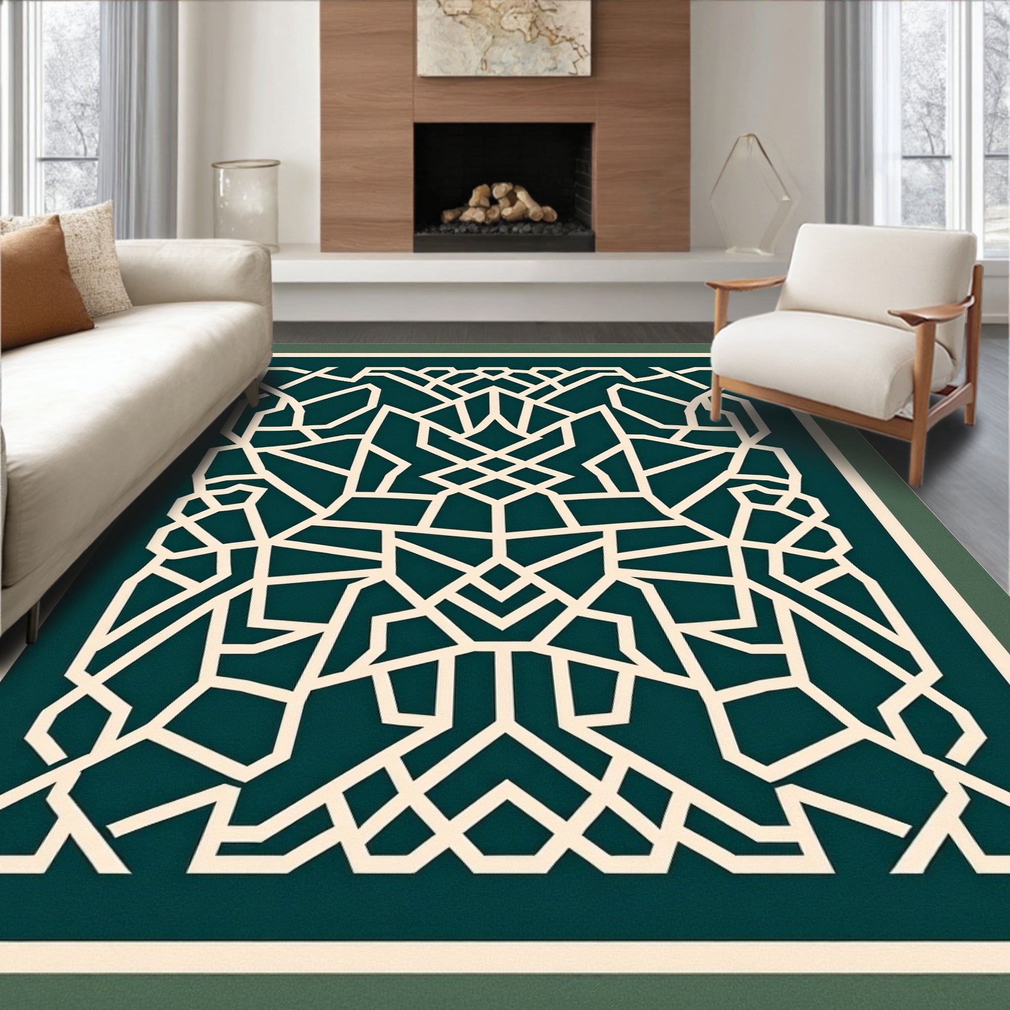 Intricate Teal Cream Geometric Lattice Design Rug