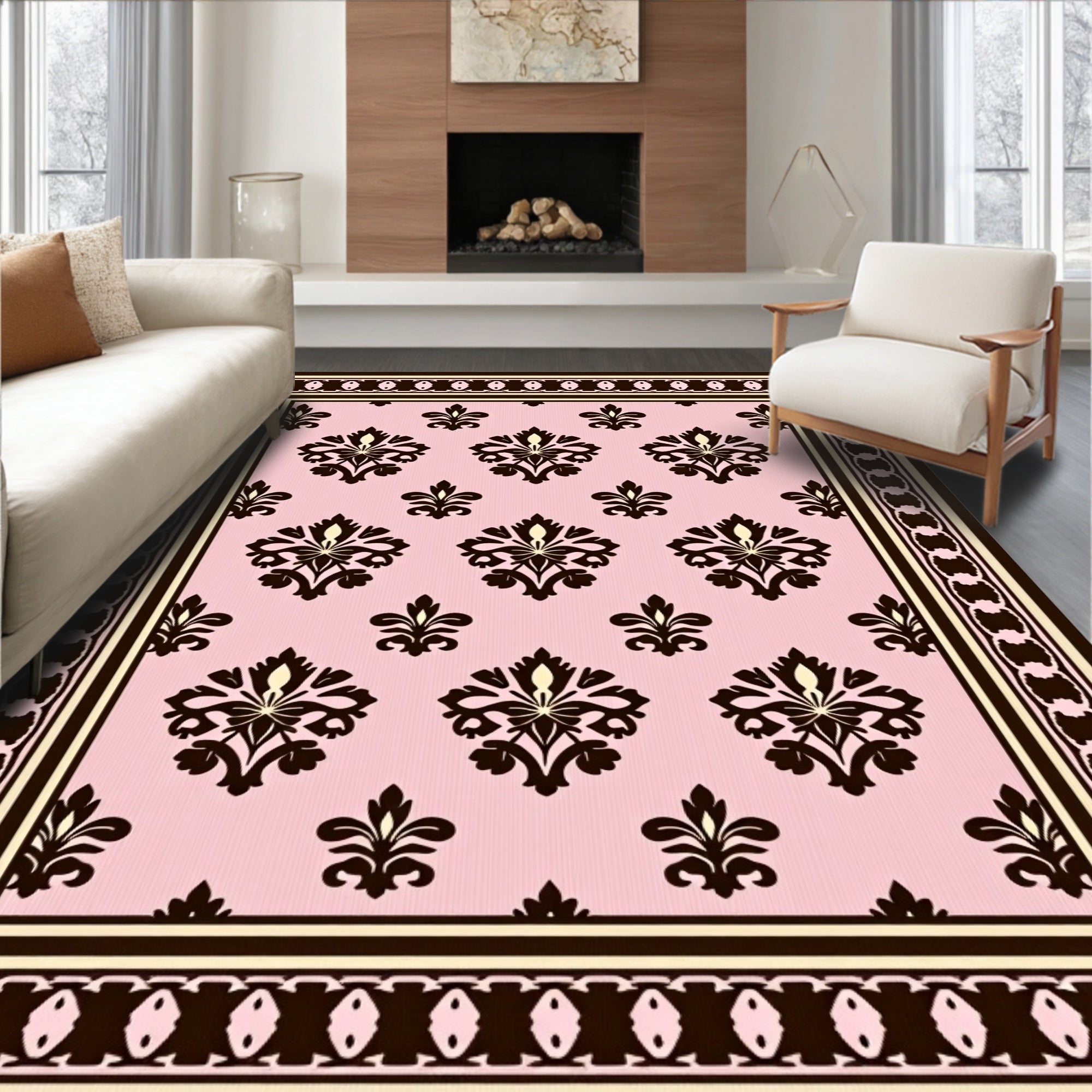 Classic Damask Floral Pattern Pink Rug