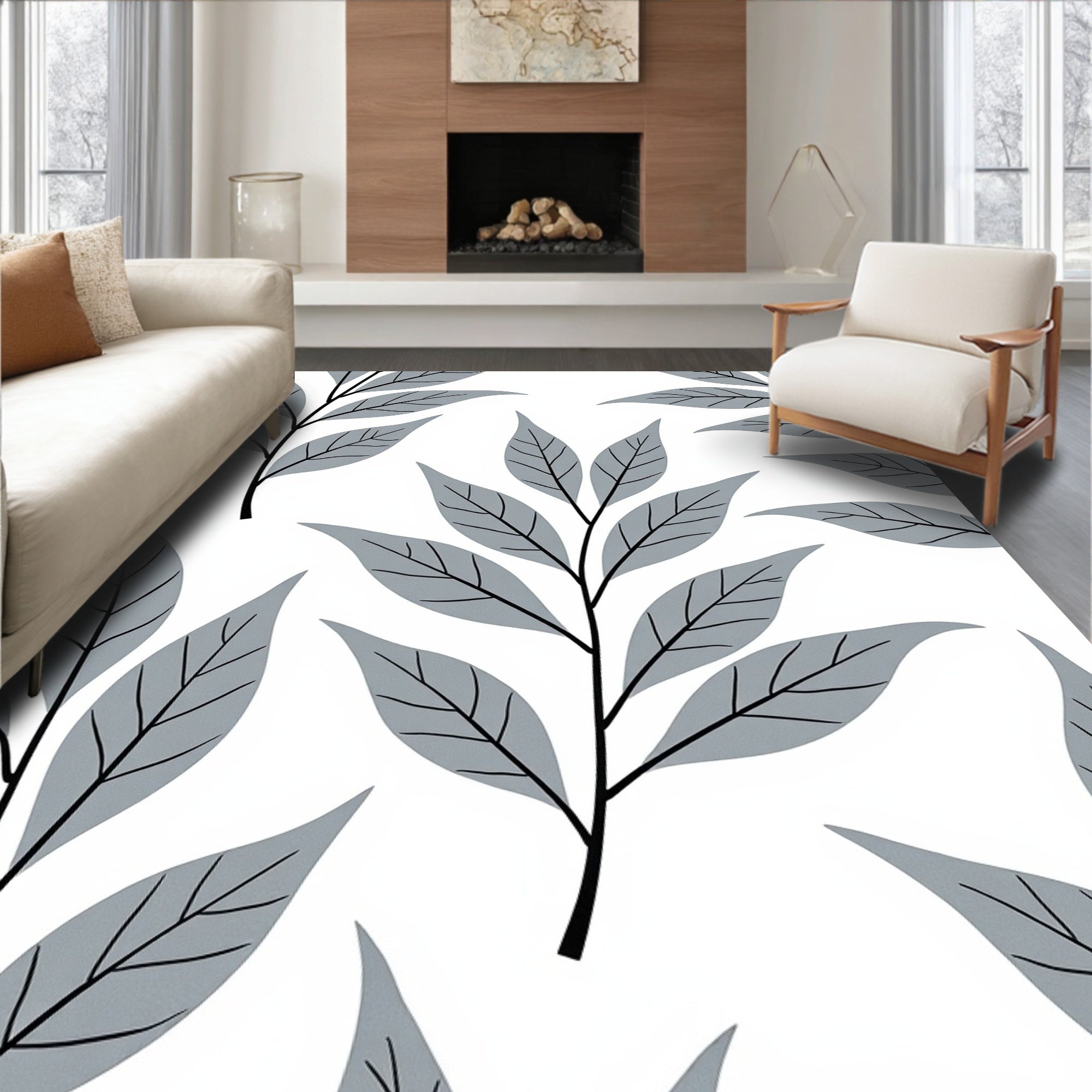 Modern Gray Leaf Pattern Rug