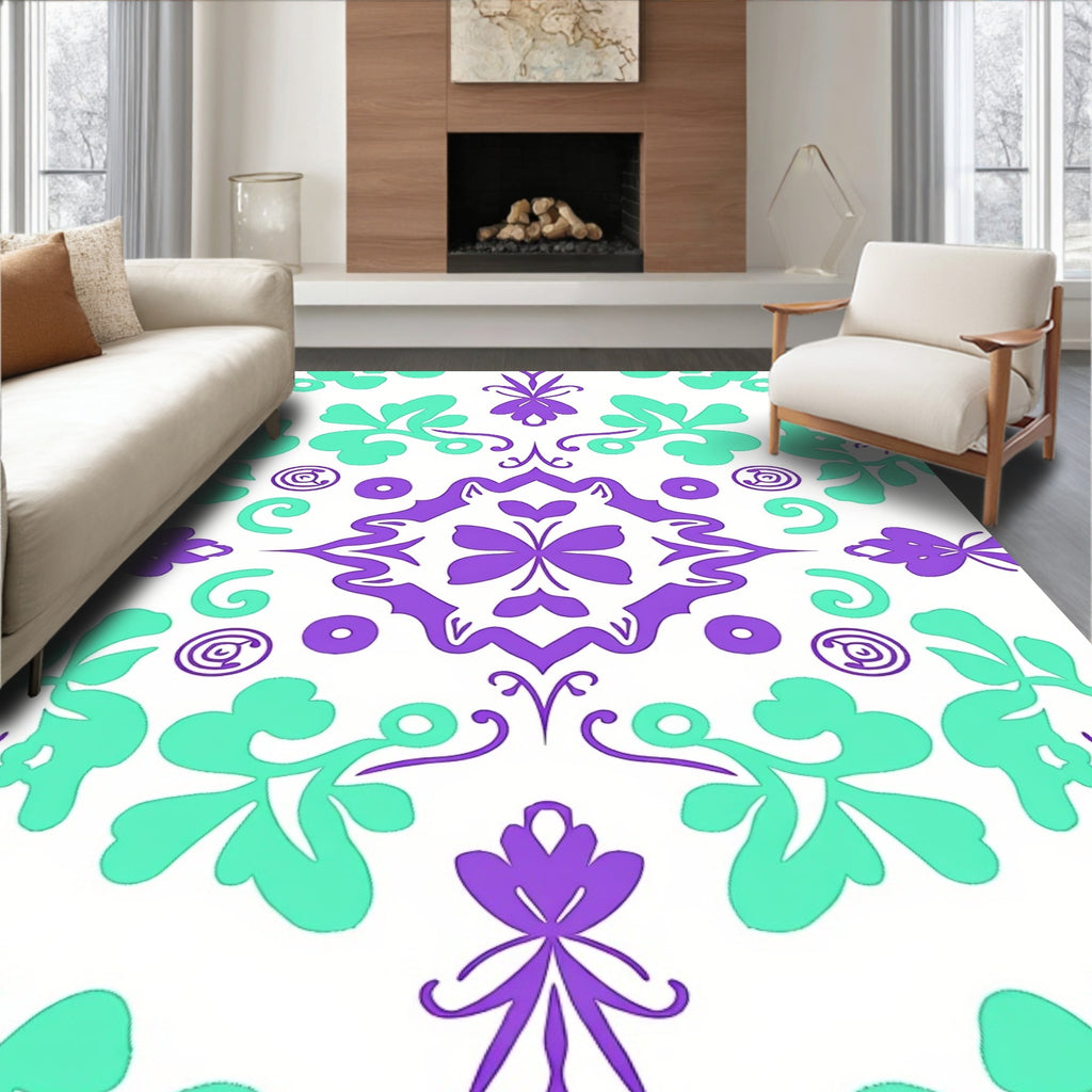 Purple Teal Floral Medallion Pattern Rug