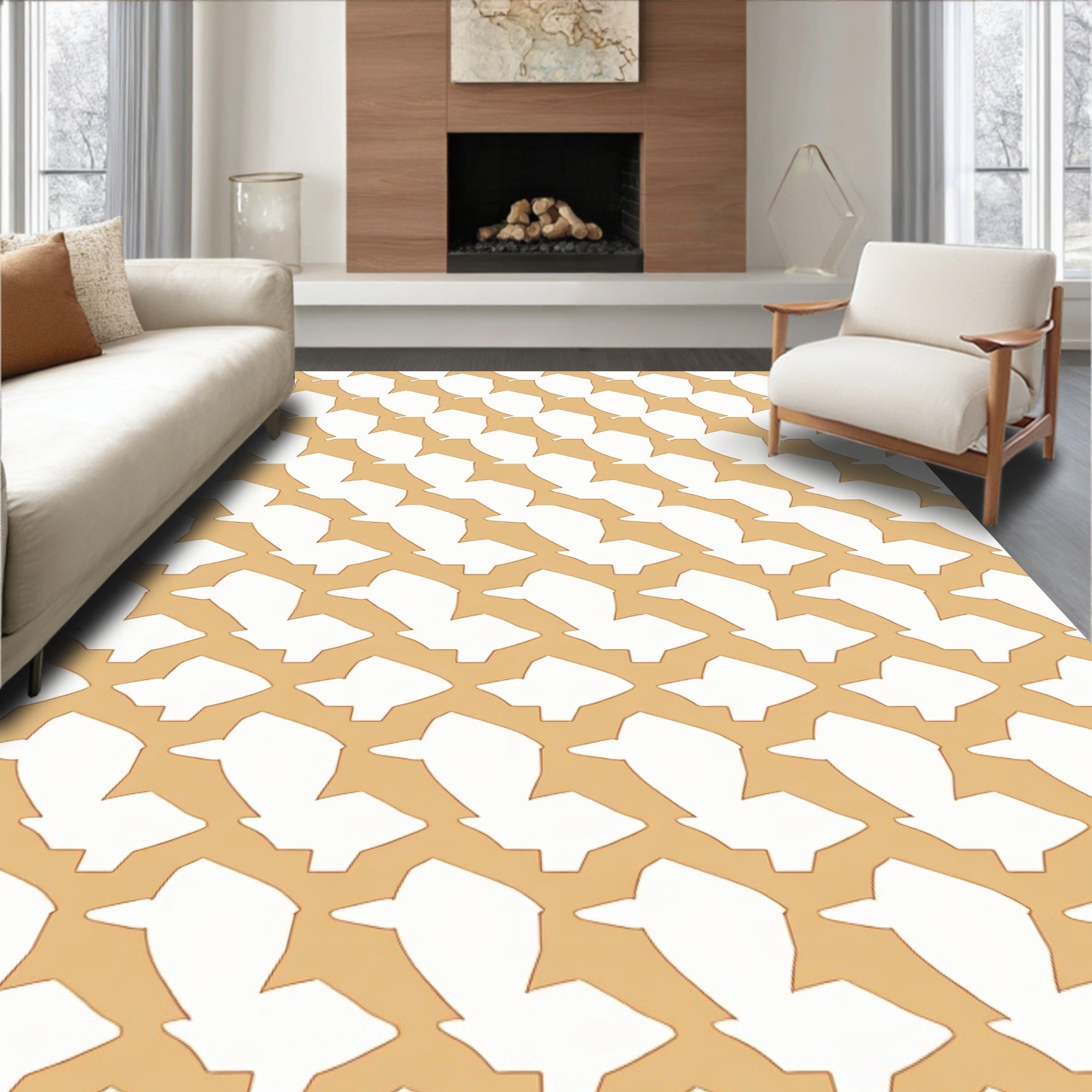 Caramel White Stylized Geometric Pattern Rug