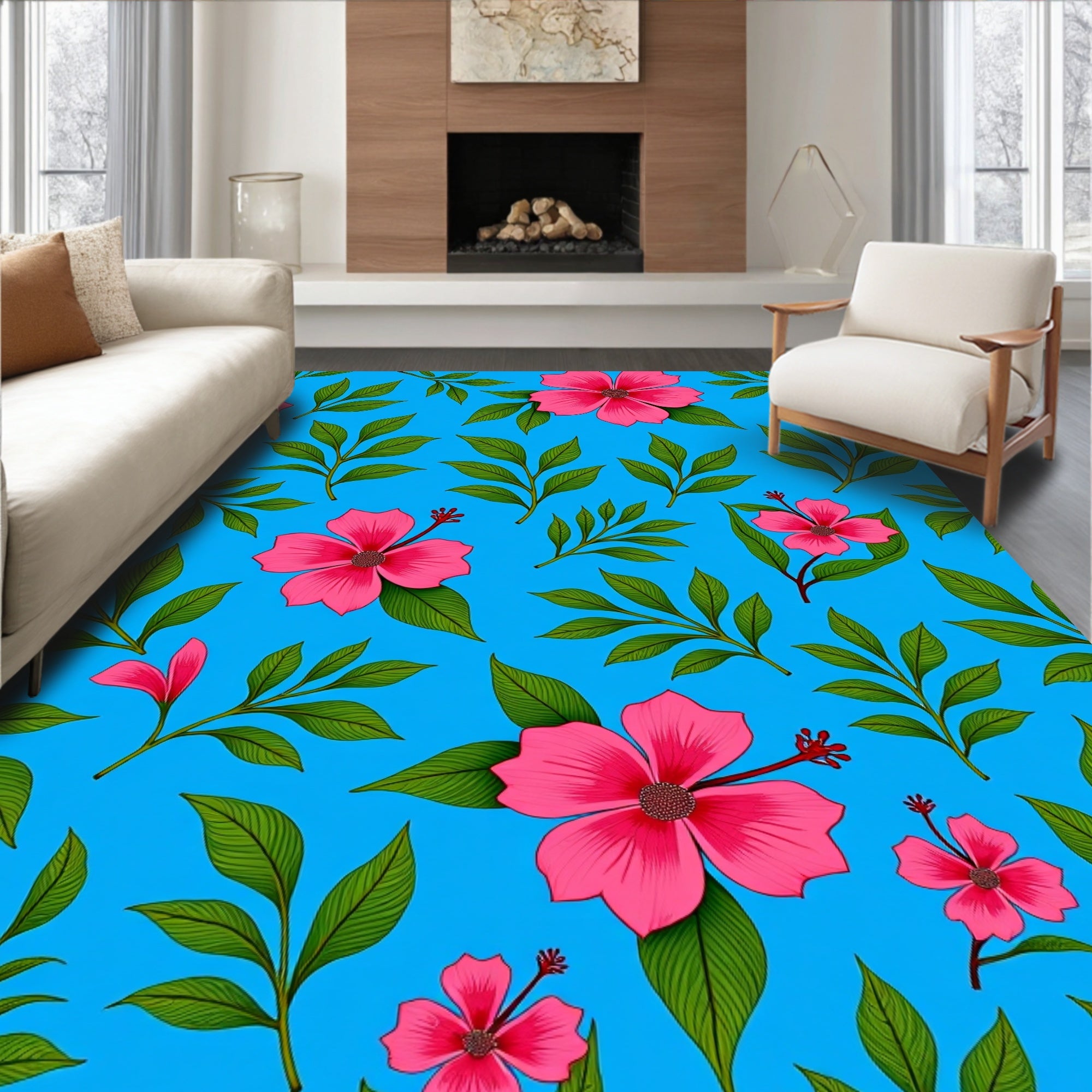 Tropical Hibiscus Blossom Pattern Rug