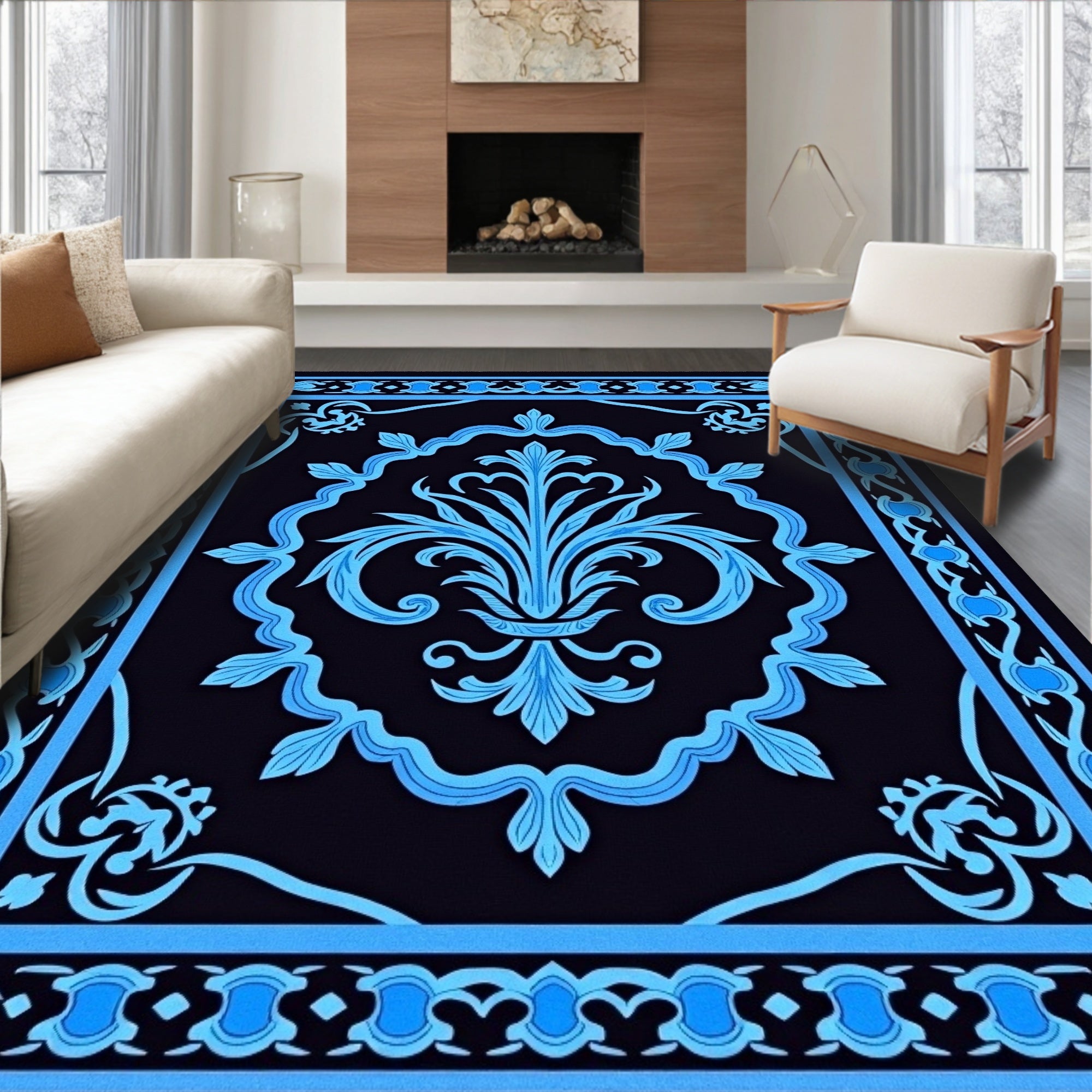 Ornate Blue Floral Scroll Pattern Rug