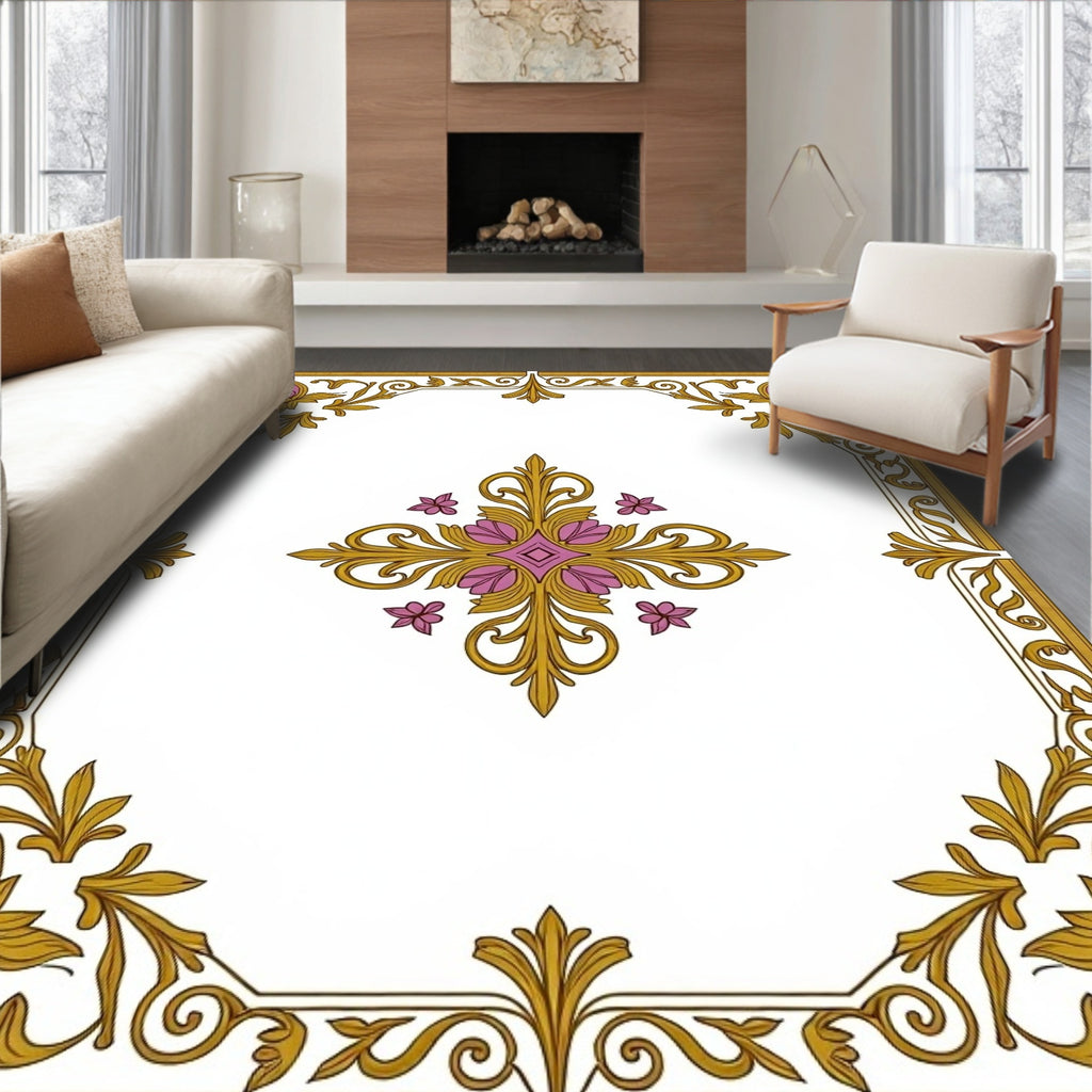 Ornate Floral Golden Scroll Pattern Rug
