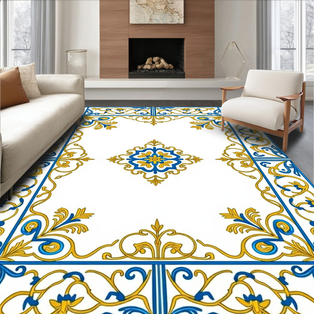 Royal Blue Yellow Floral Scroll Border Rug