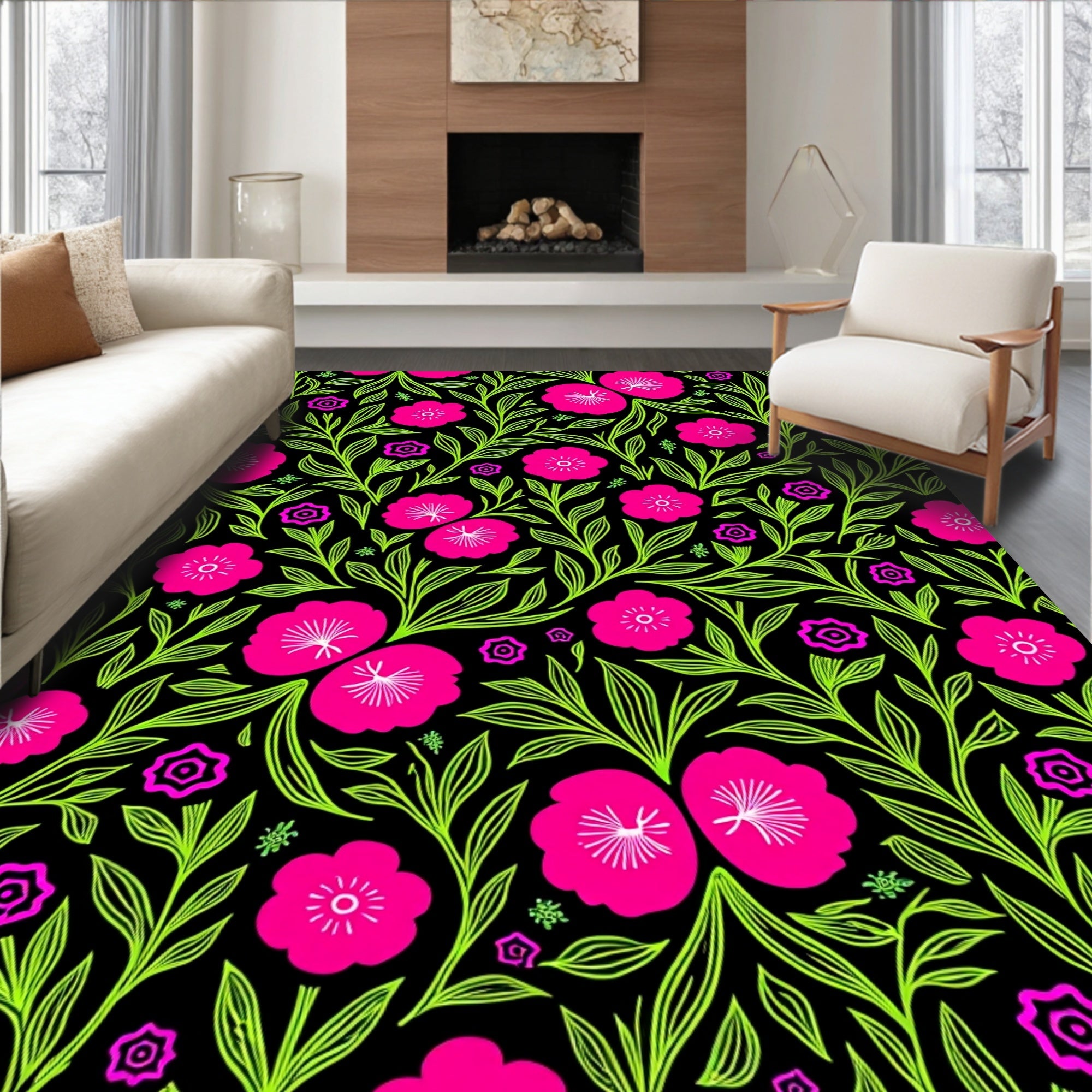 Bold Fuchsia Lime Floral Pattern Rug