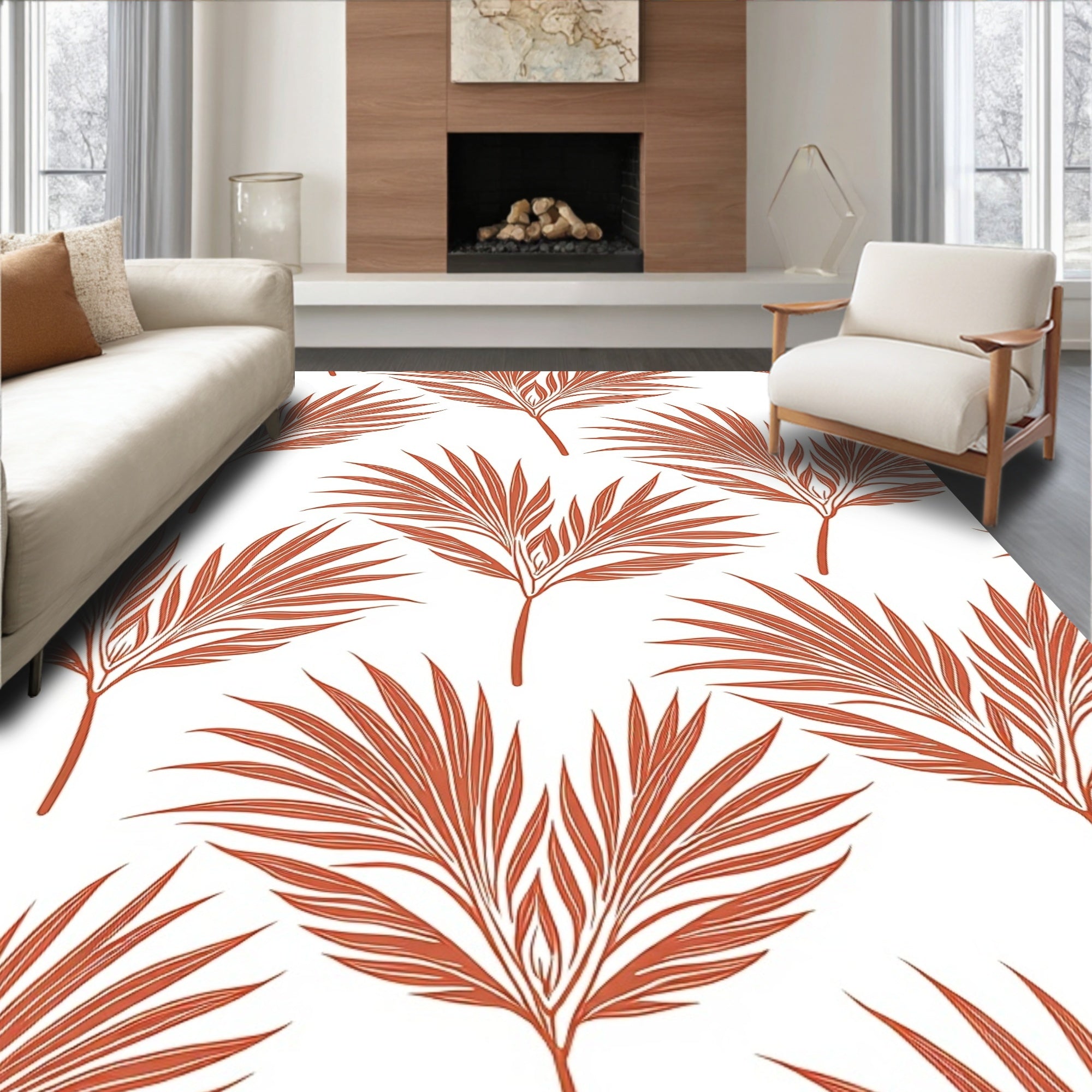 Burnt Orange Palm Leaf Pattern Rug