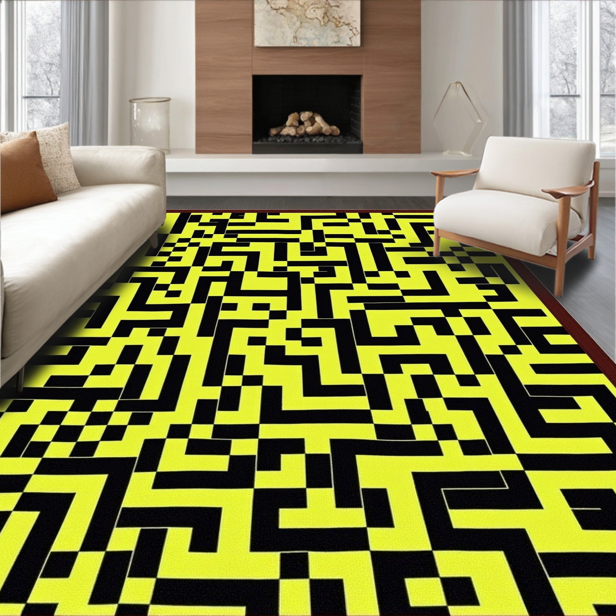 Yellow Black Abstract Maze Pattern Rug